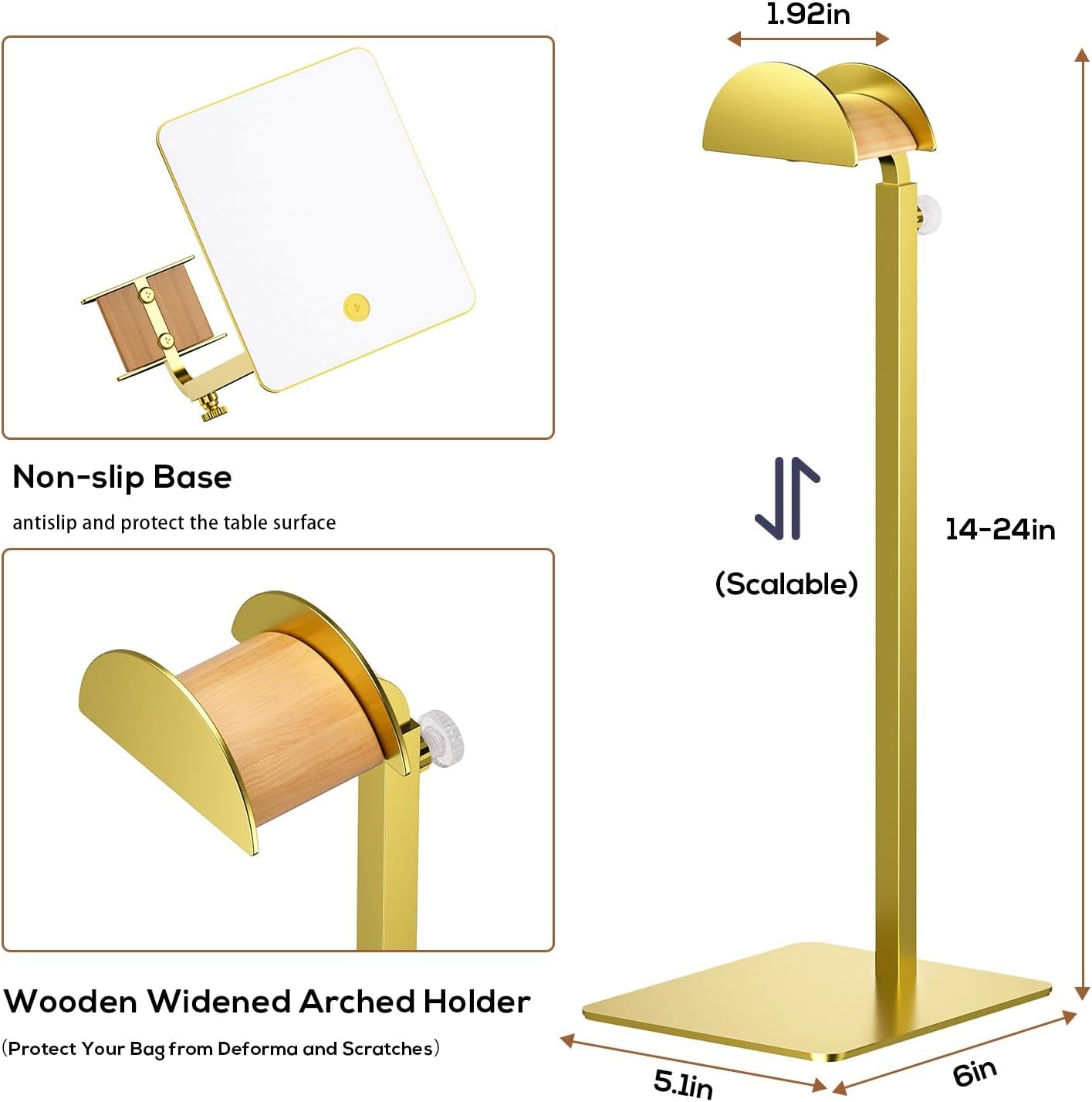 3 Pack Purse Display Stand, Adjustable Height 14.27"–24" Handbag Stand Stainless Steel with Wood Hook for Closet, Vanity & Retail Display – Gold