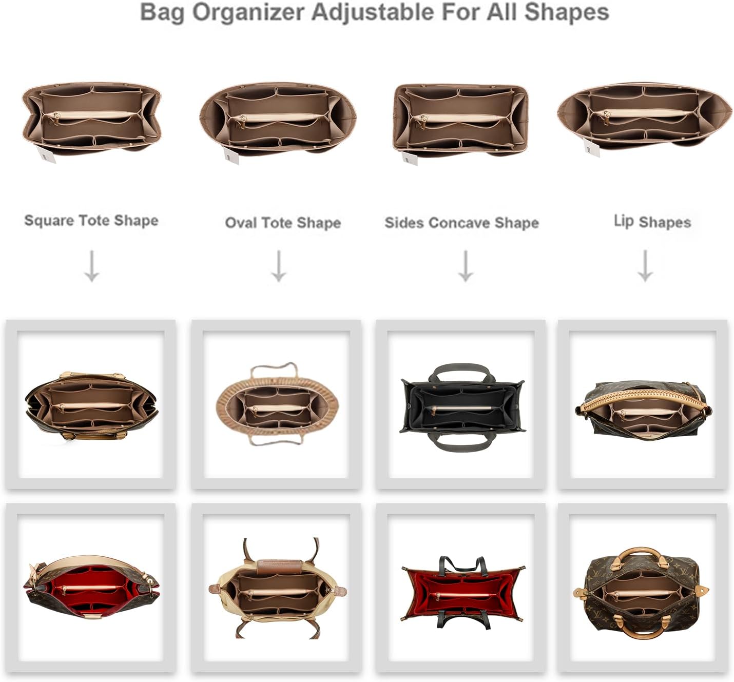 ZTUJO Purse Organizer Insert For Handbags, Silky Bag Organizer With 2 Zippers For Speedy Neverful Tote and More (Beige, Large) - Image 2