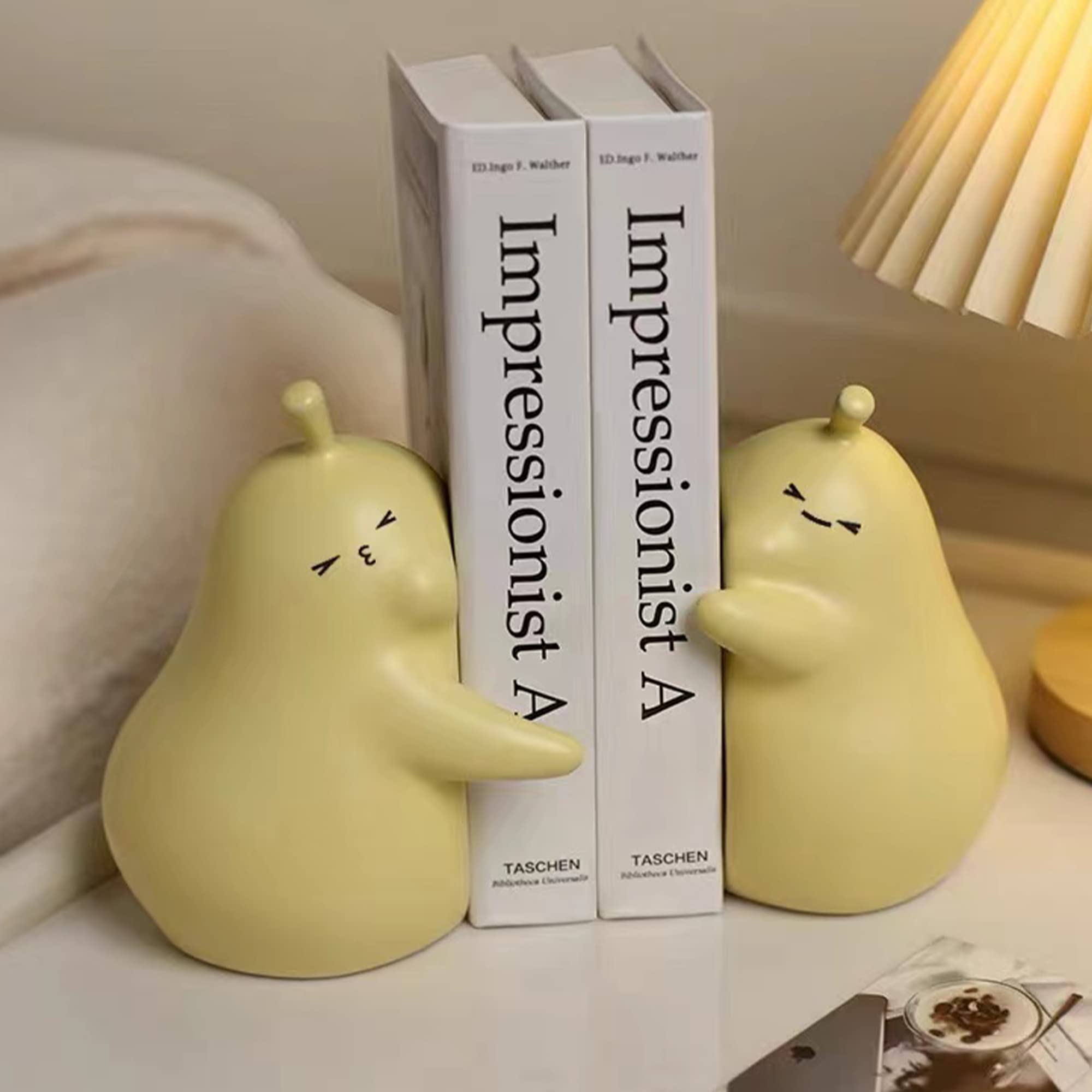 Linxia Pear Bookends Cheese Yellow Ceramic Creative Bookends for Shelves Book Holder Stopper for Books/Movies/CDs/Video Games (1 Pairs) Hug Style