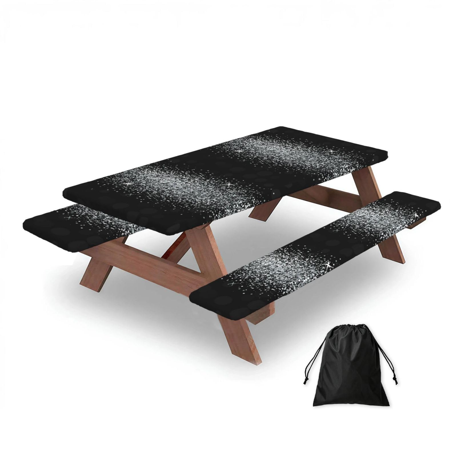 Shiny Silver Glitter, Picnic Table Cover With Bench Covers -Waterproof Elastic Fitted Tablecloth for Garden Camping Patio 76x152cm