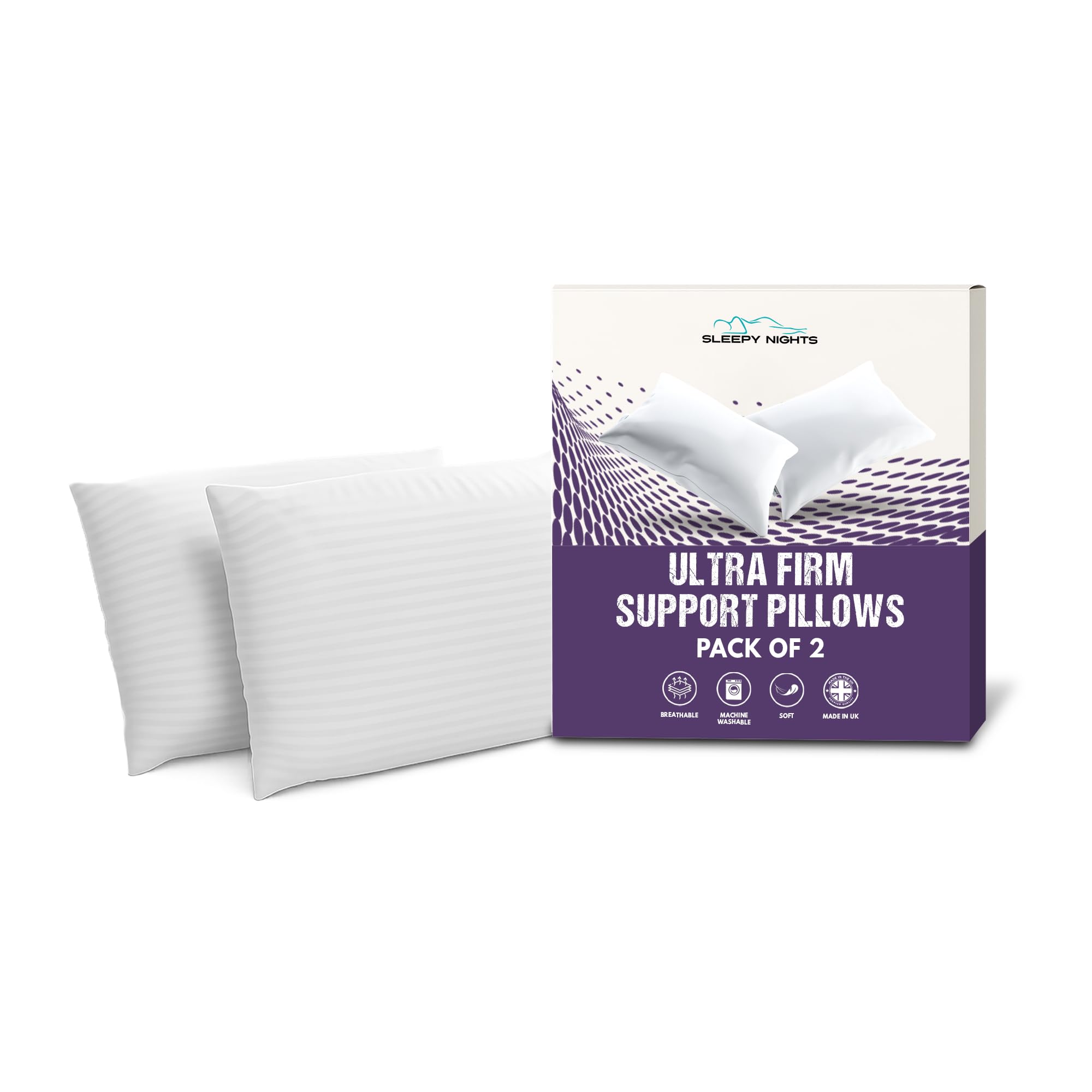 SleepyNights Ultra Firm Support Pillows for Sleeping – 2 Pack, Standard Size, Hollowfibre Fill, Hotel Quality, Neck & Back Support, Hypoallergenic Bed Pillows for Side & Back Sleepers