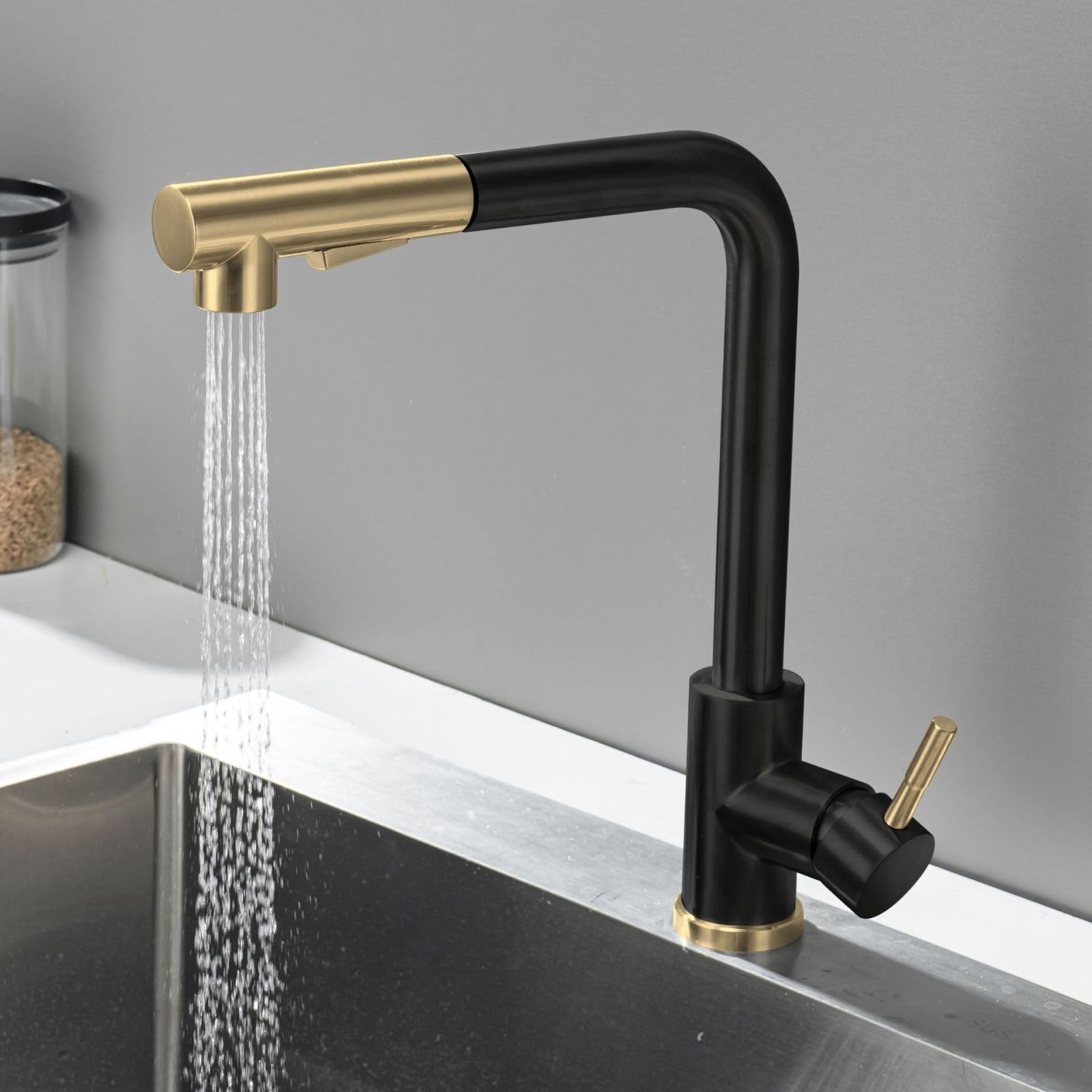 Grifo extraíble de cocina negro con grifo de fregadero jaspeado dorado cepillado, cepillado con negro