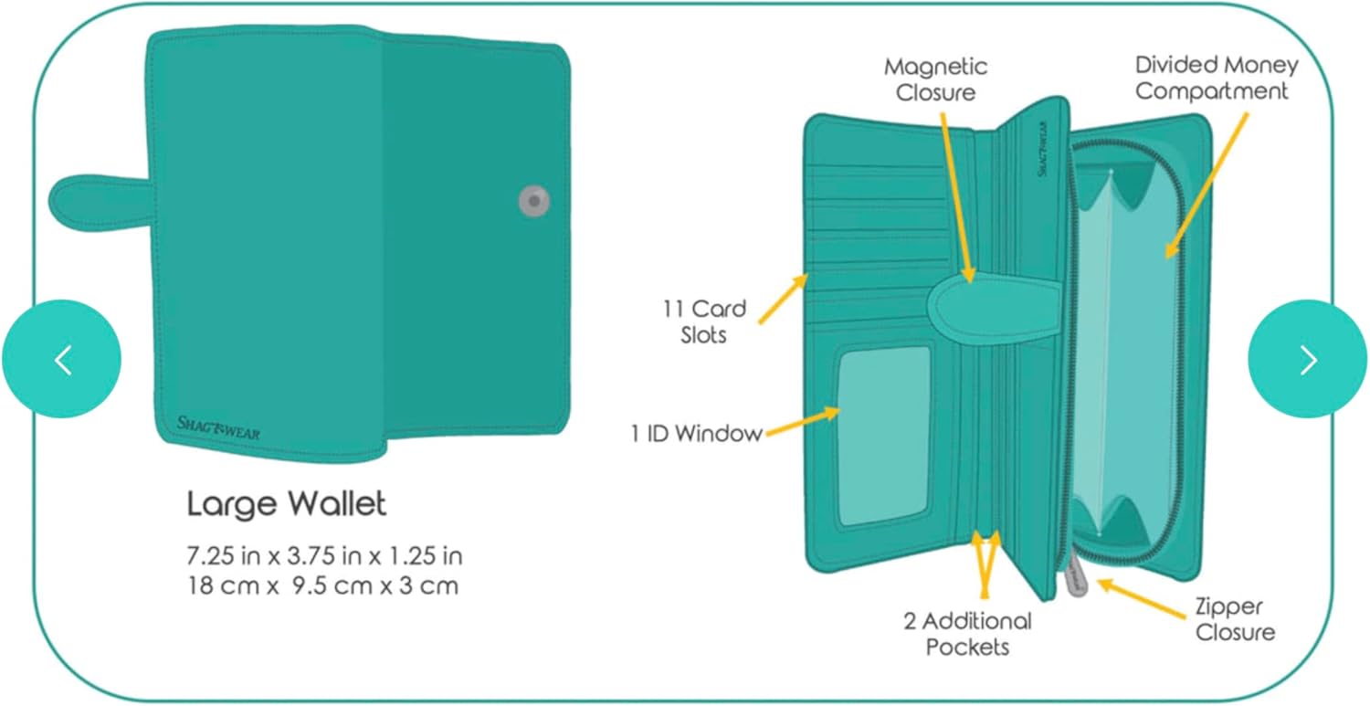 Shag Wear Zebra Jungle Large Wallet for Women and Teen Girls Vegan Faux Leather Mint Green 7"