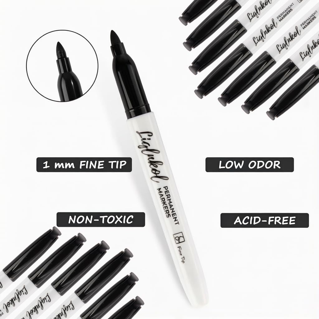 Permanent Markers Bulk, 188 Pack Fine Tip Black Permanent Marker Set, Waterproof Markers, Waterproof, Quick Drying, Office Supplies for School, Office,