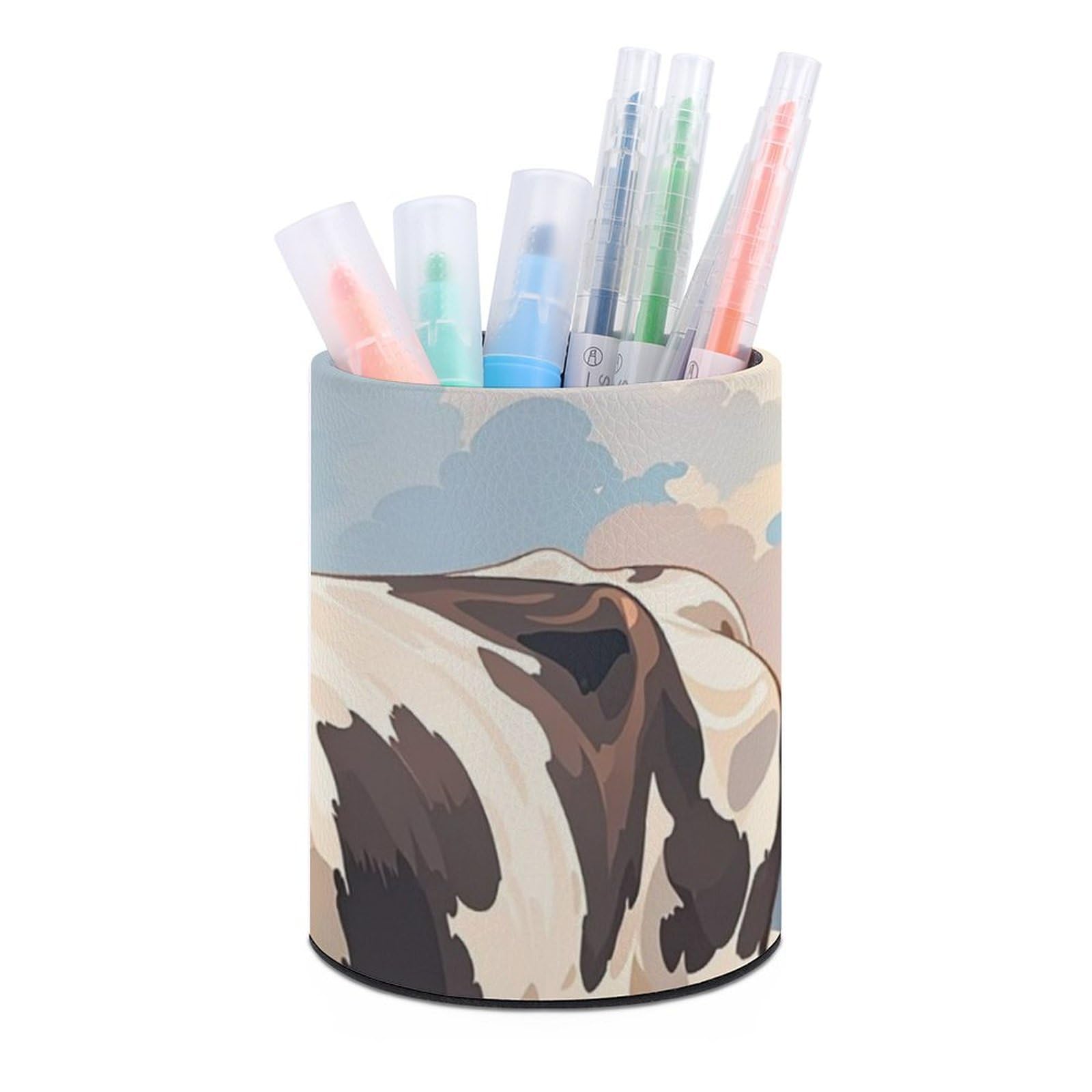 FekiLoot PU Leather Round Pen Holder Dairy Cow Pencil Holder Desk Organizer Pen Organizer Pen Cup Pencil Cup Caddy Desktop Stationery Organizers for Office Home Supplies