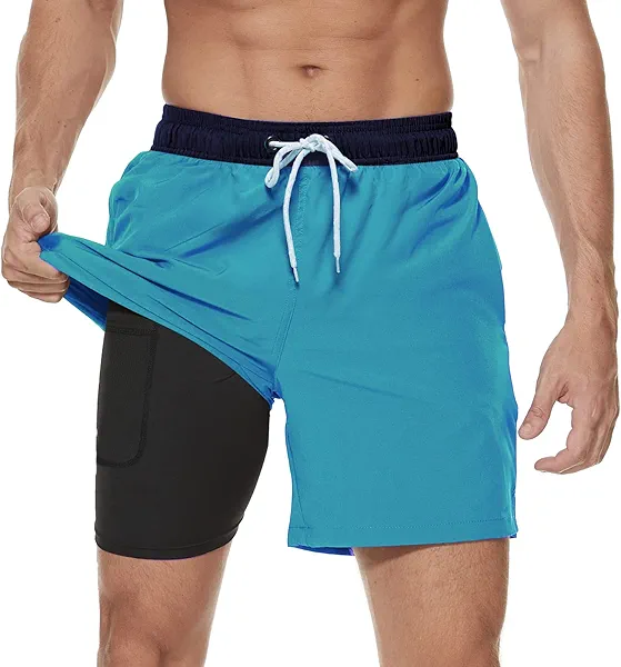 Arcweg Mens Swim Trunks with Compression Liner 2 in 1 Beach Swimming Trunks Quick Dry Swim Shorts with Zipper Pockets