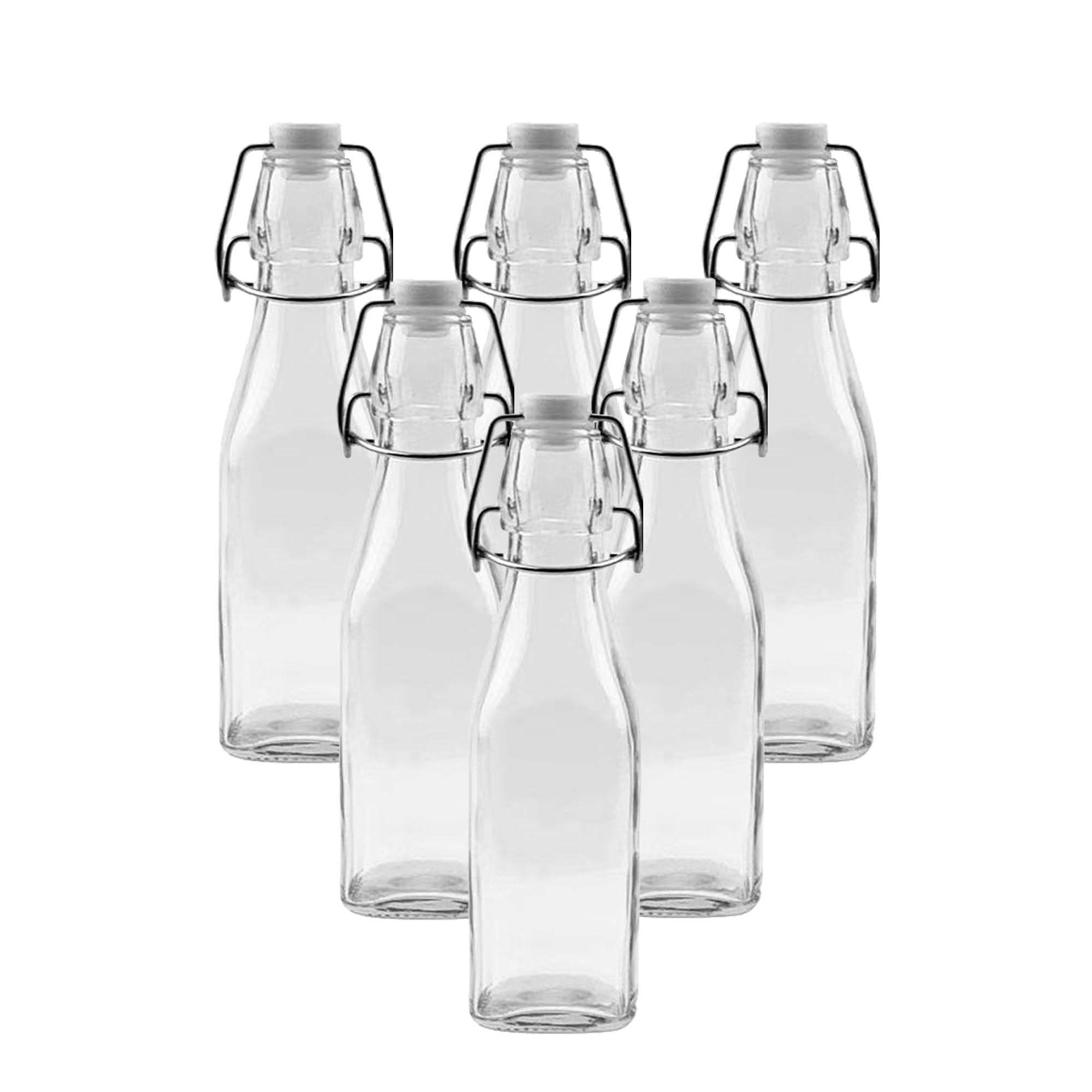 Simpa White Vintage Style Clear Glass Bottles With Swing Top Lids. Square 250Ml Bottles - Set Of 6