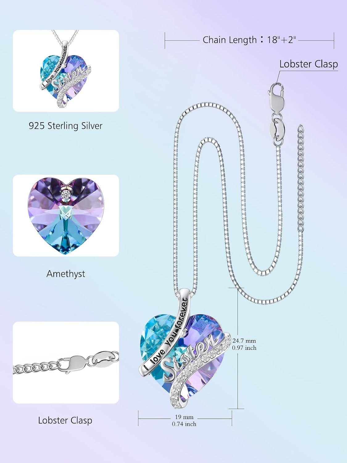 OCJ Sister Gifts from Sister Heart Birthstone Sisters Necklace Sterling Silver Crystal Fashion Jewelry Birthday Valentines Day Gift for Women Friends Female Friendship Lasts Forever - Image 4