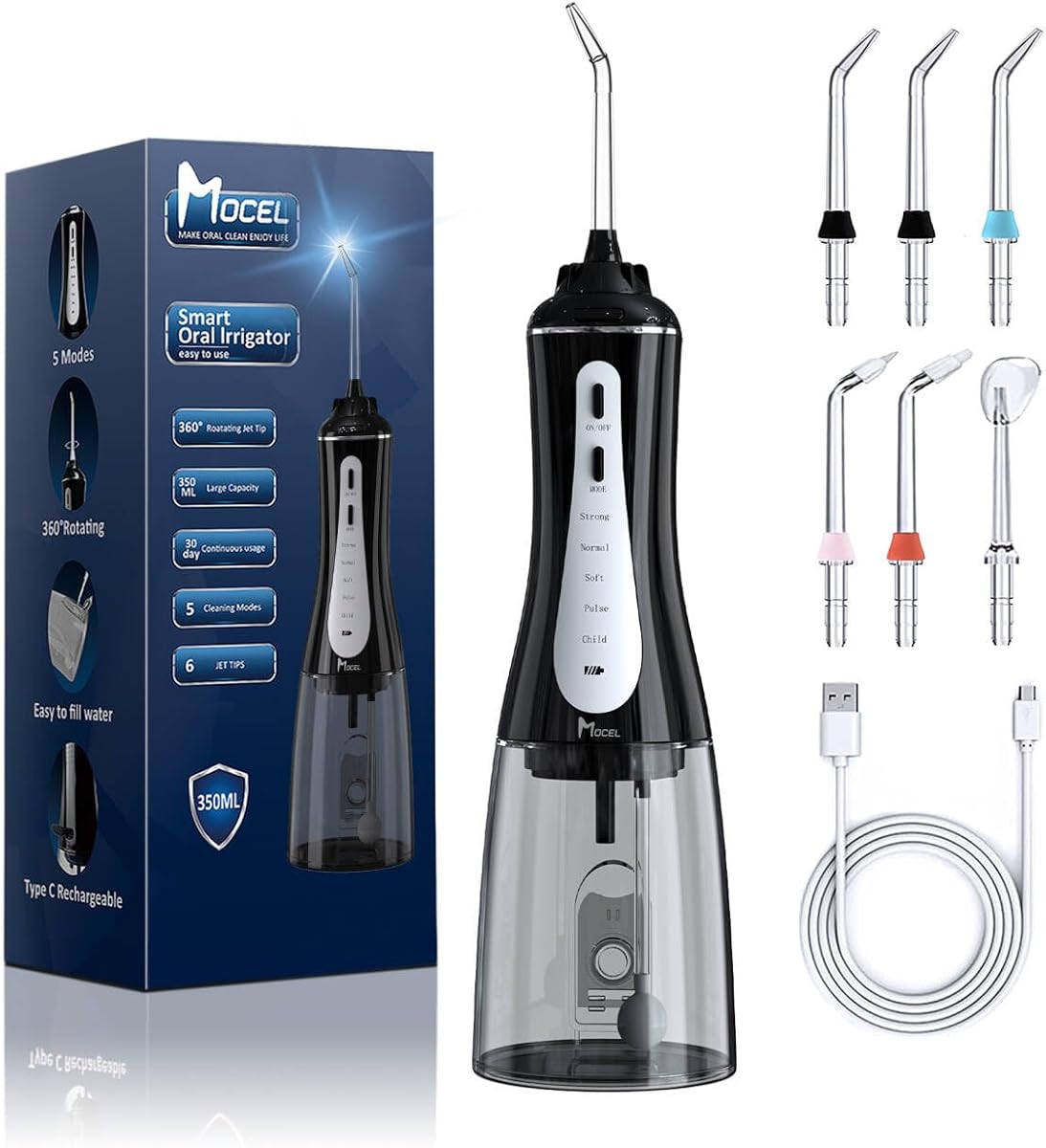 Water Dental Flosser Oral Irrigator with 5 Modes, 350ml Cordless Water Teeth Cleaner Pick 6 Tips, IPX7 Waterproof Rechargeable Portable Powerful Battery for Travel & Home Braces & Bridges Care