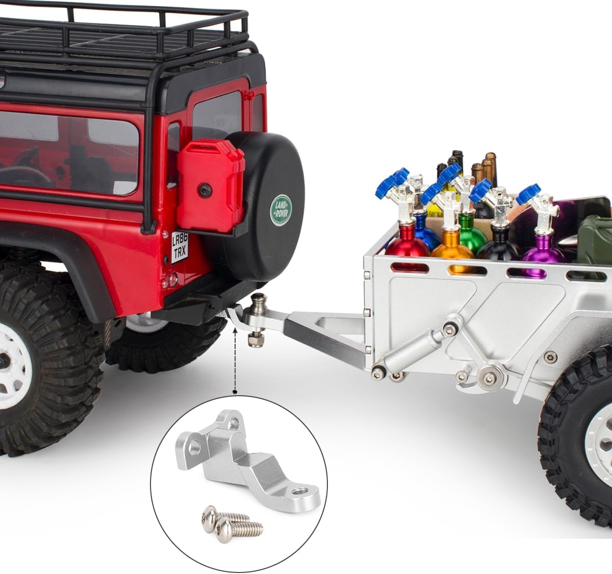 Aluminum TRX4M Utility Trailer with Hitch Mount for 1/18 RC Crawler Car TRX4-M Defender Bronco K10 High Trail Scale Accessories (Red)