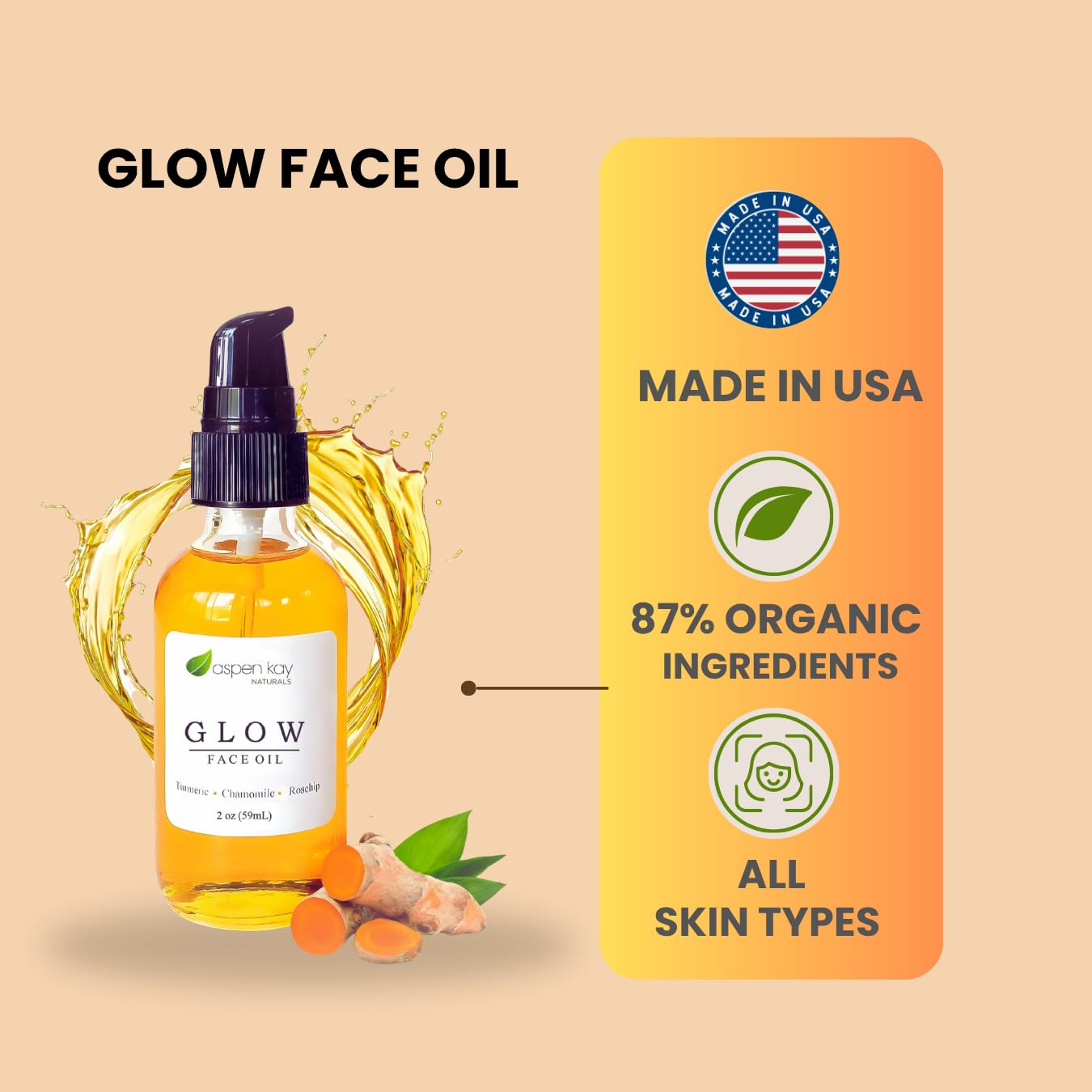 Aspen Kay Naturals Glow - Turmeric & Rosehip Face Oil, Natural & Organic Face Moisturizer with Turmeric, Camellia, Sea Buckthorn and Chamomile - Facial Serum - 2 oz - Image 2