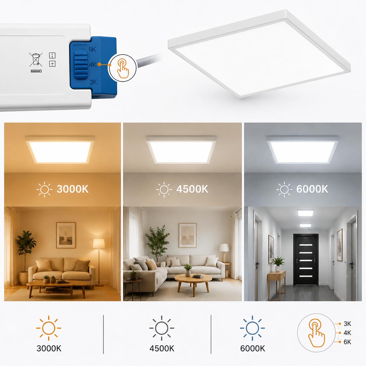 ONSSI® Plafón LED de Techo 24W Cuadrado 300x300 mm, 3 Temperaturas de Color (Blanco Frío, Neutro y Cálido), Panel LED de Superficie, Lámpara de Techo, Marco Blanco (Pack 5)