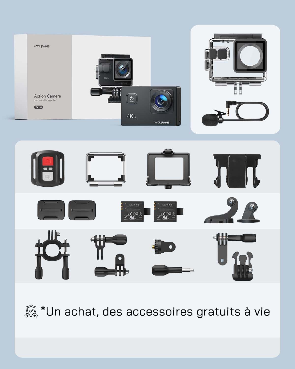 WOLFANG GA100 4K 30FPS Caméra Sport WiFi 20MP Étanche 40m avec Double Microphone Télécommande