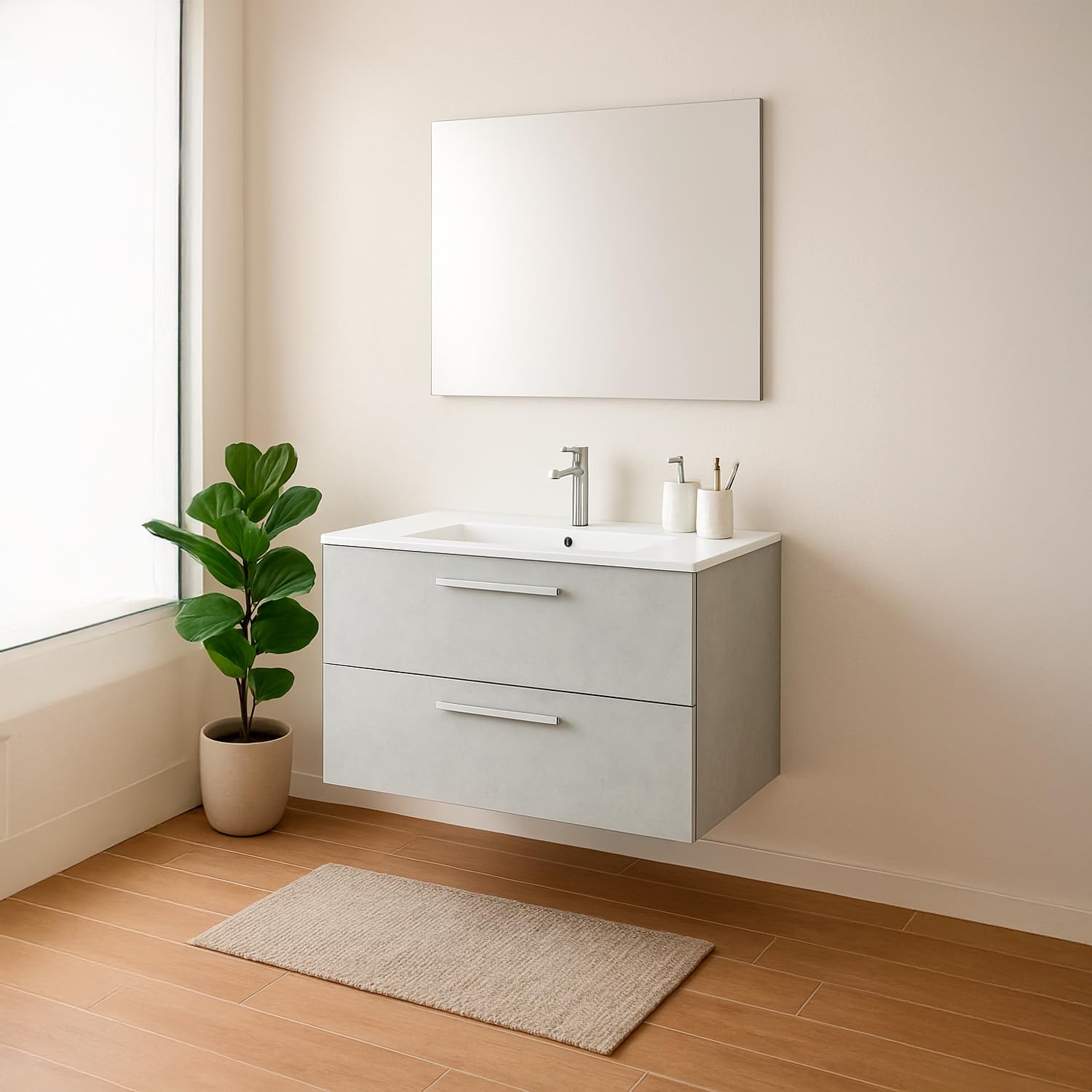 Bricozone Mobile Bagno Sospeso 80 Cm Con Lavabo In Ceramica E Specchio Grigio Cemento 2 Cassetti Soft Close Design Moderno Salvaspazio Per Bagno Contemporaneo (Mobile Lavabo e Specchio)