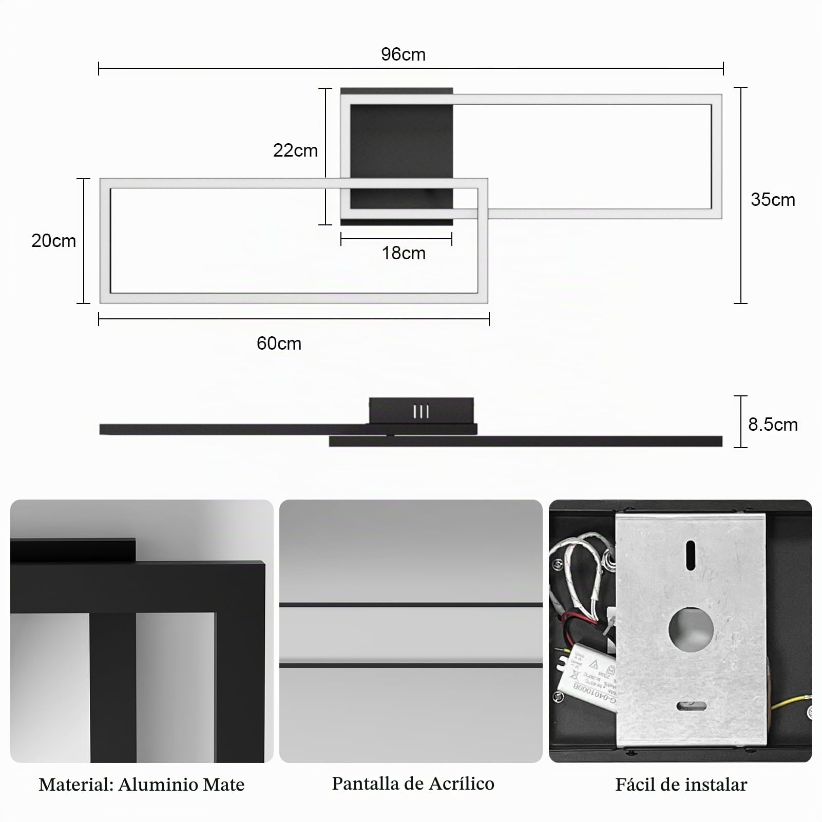 Klighten Plafón Led Techo 45W 3480 Lumen, Moderna Lámpara de Techo, Luz de Techo Aluminio para Dormitorio Salón Cocina Pasillo, 96 x 35 x 8 cm, Blanco Cálido 3000K, Negro