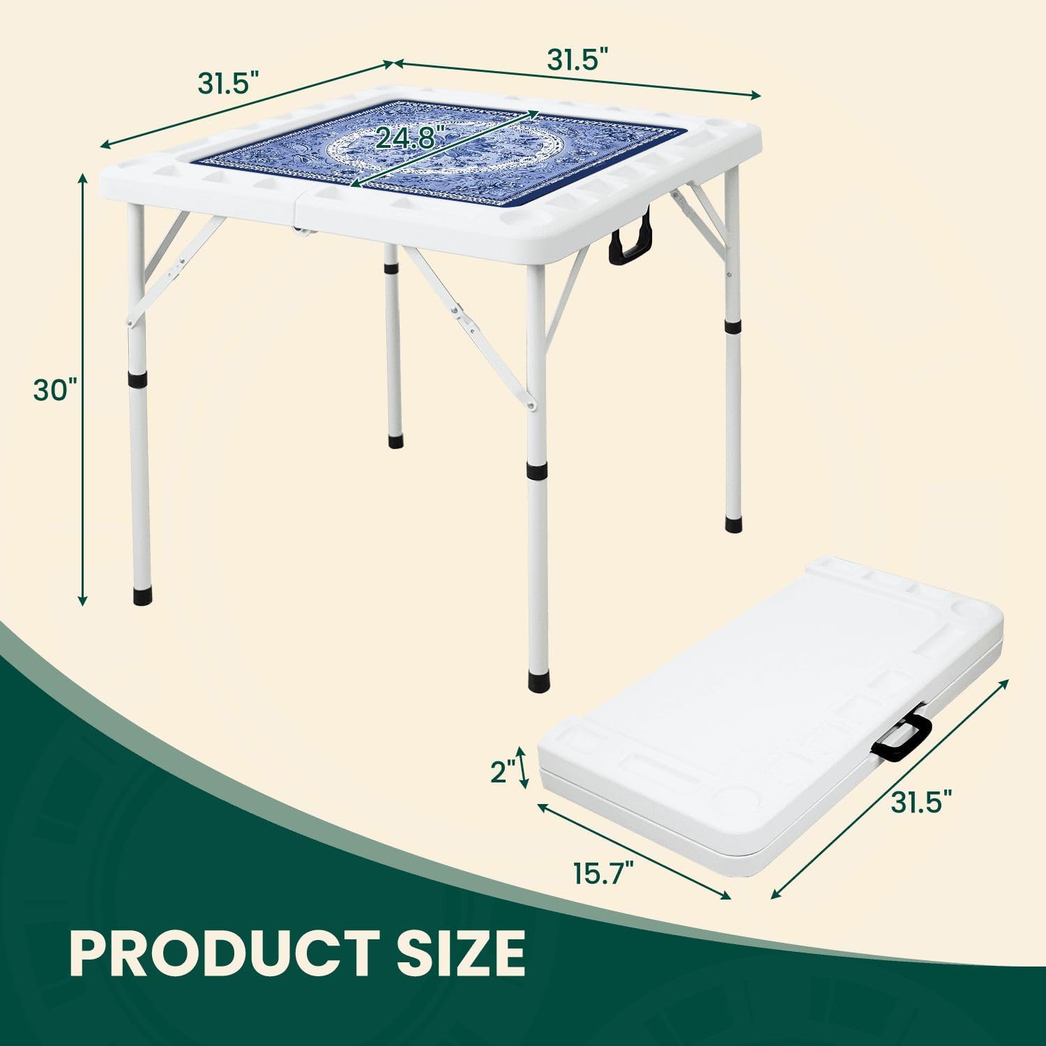 Folding Mahjong Table with Blue Floral Paisley Bandana Detailed Flower Leaf Wear-Resistant Mahjong Mat, 4 Cup Holders & Chip Trays for 4 Players Square Portable Card Table for Poker Domino