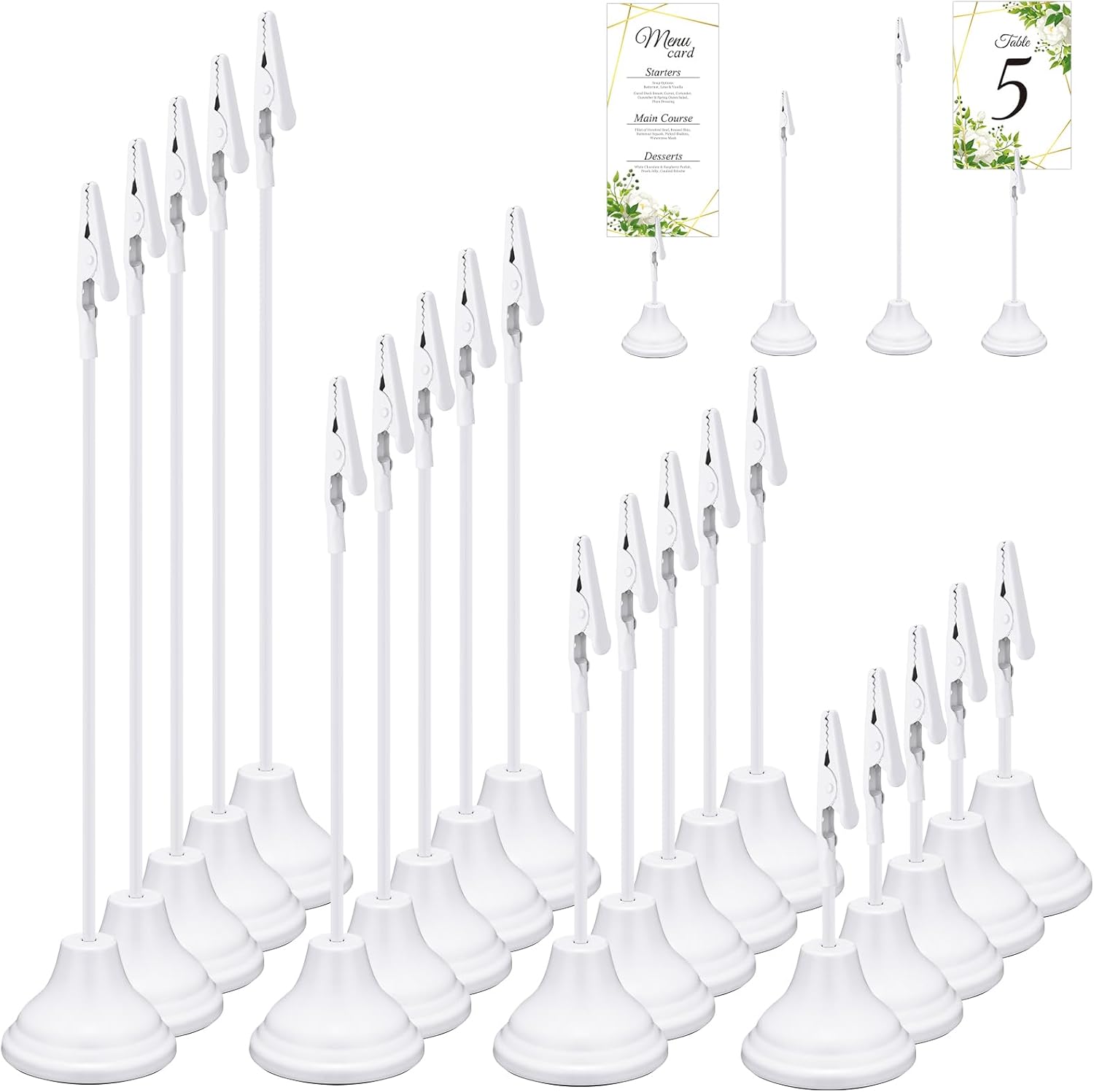 20 Pcs Table Number Holders 4/6/8/10 Inch Metal Place Card Holders with Alligator Clip Heavy Base Wedding Table Number Stand Picture Photo Clip for Banquet Party Birthday Restaurant(White)