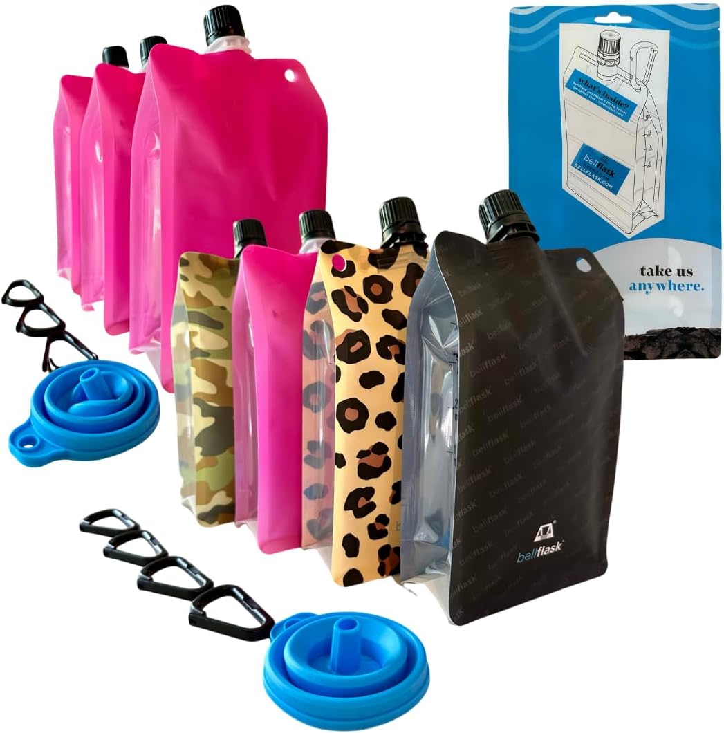 Festival 7-Pack – 15 oz. Plastic Flasks, Flexible, Leakproof, Non-Metal, in Vibrant Colors with Filling Funnel and Carabiner Clips