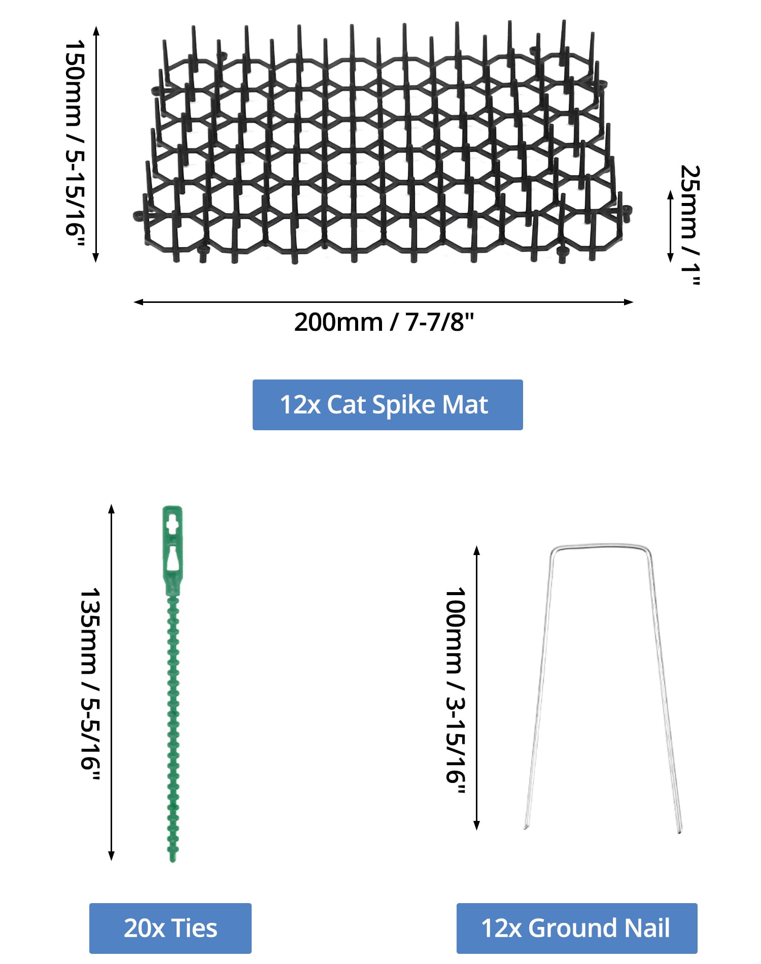 QWORK® Zestaw 12 mat odstraszających koty z kołkami i krawatami - 15 cm x 20 cm - Cierniowa siatka barierowa dla zwierząt do pokojowego odstraszania kotów i innych zwierząt