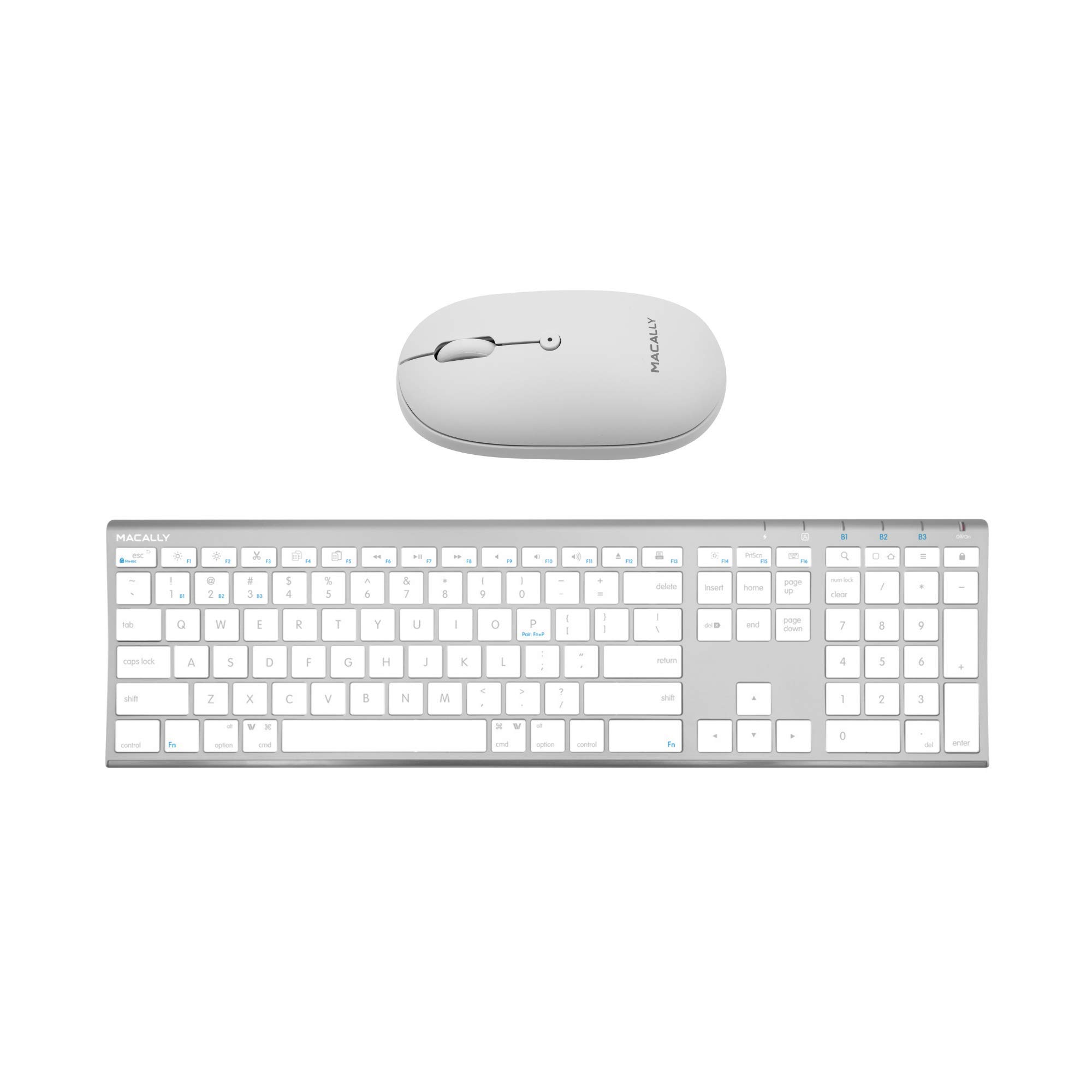 Macally Wireless Bluetooth Rechargeable Mouse and a Ice White Finish Wireless Bluetooth Keyboard Classic Apple Aesthetic