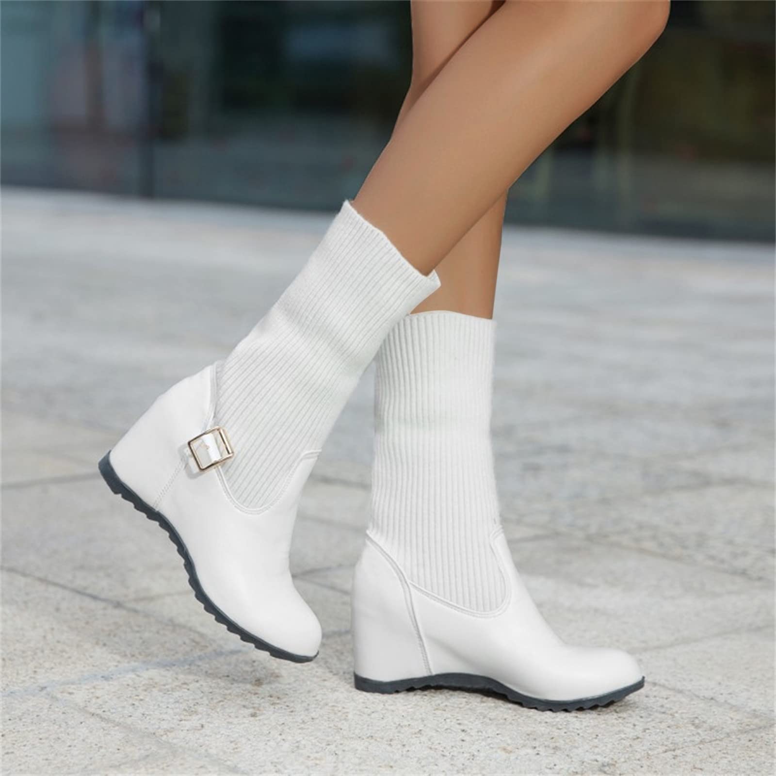 Generisch Botas de equitación de invierno para mujer, color liso, boca de punto, hebilla ajustable, interior elevado, botas de cuña