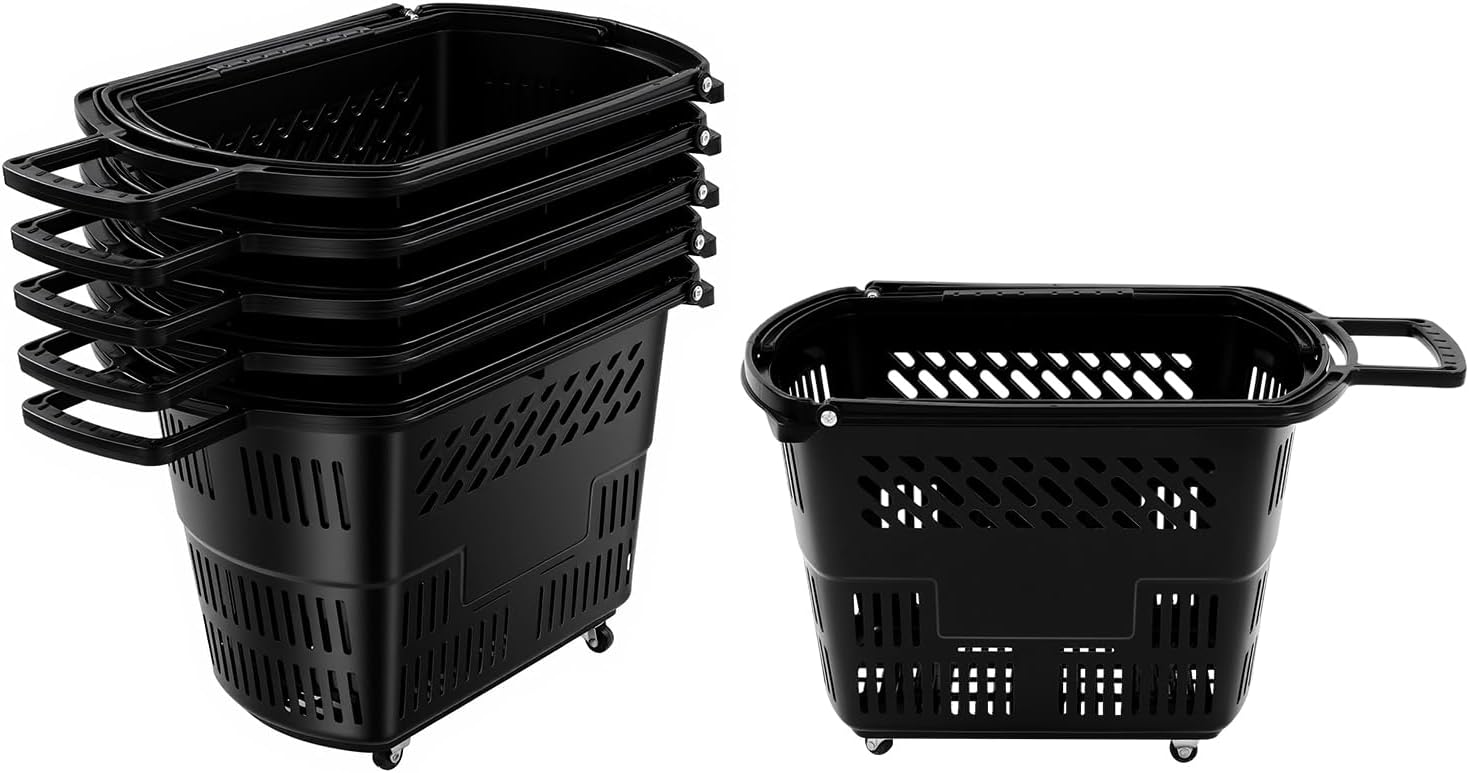 6Pcs Shopping Carts, 35L/9.2gal Portable Shopping Basket Set Plastic Rolling Shopping Basket with Handles & Wheels for Supermarkets, Retail Stores, Grocery Shopping