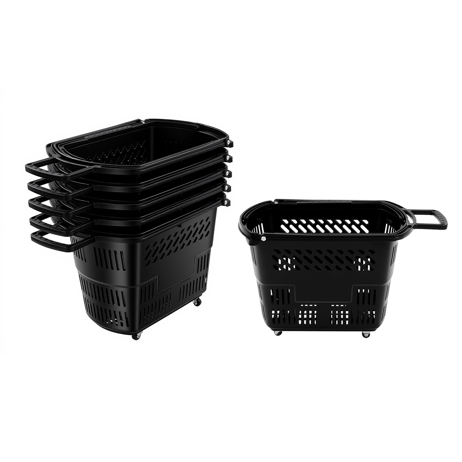 35L 6PCS Shopping Carts with Wheels and Handle, Plastic Rolling Basket, Portable Shopping Baskets Set for Supermarkets and Retail Stores