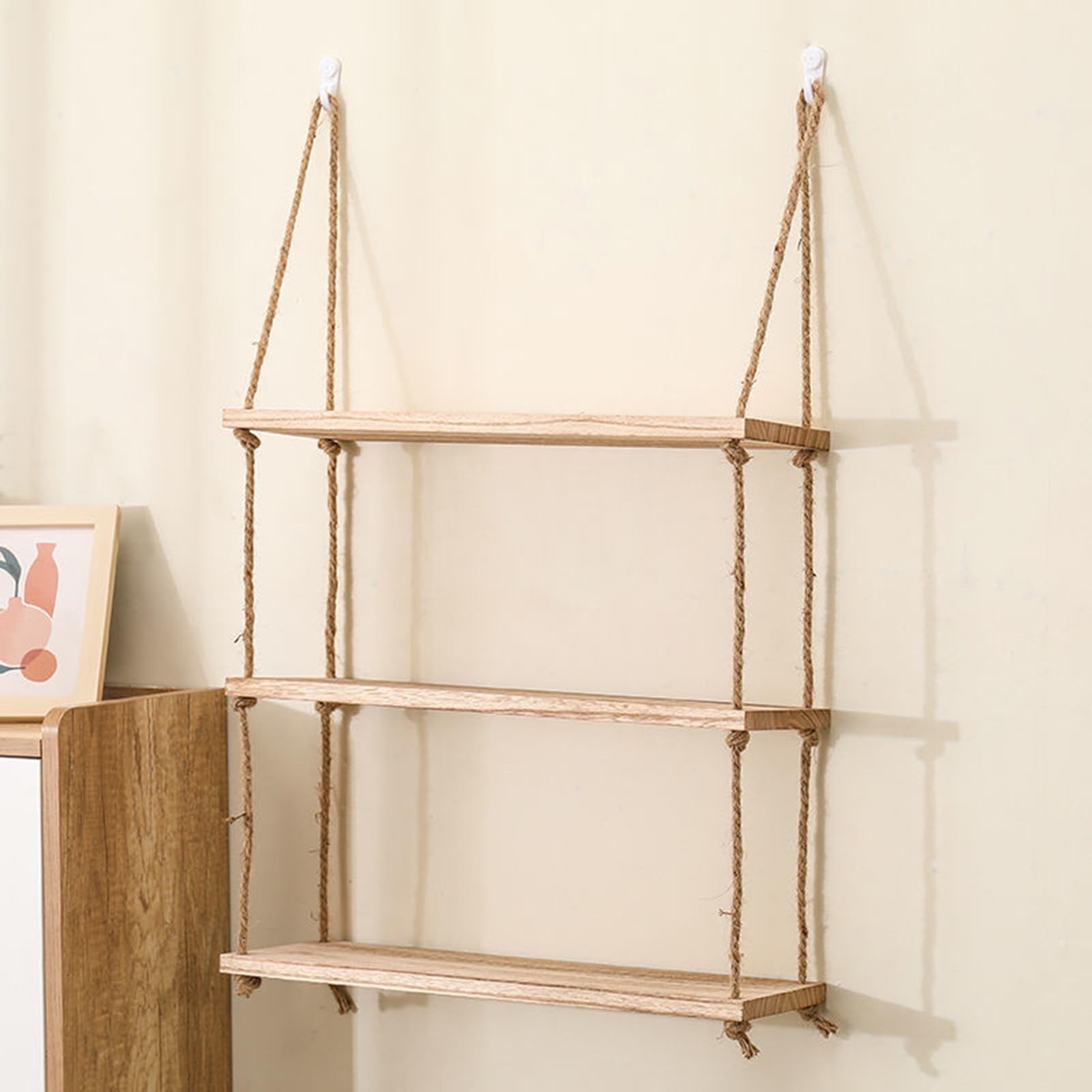 Schwebende Wandregale, Schaukel-Aufbewahrungsregal für die Wand, Hängeregale aus Holz mit gewebtem Seil, Hängendes Pflanzenregal, Gestell, Display, Boho, rustikale Wandregale, Raumdekor (Bra