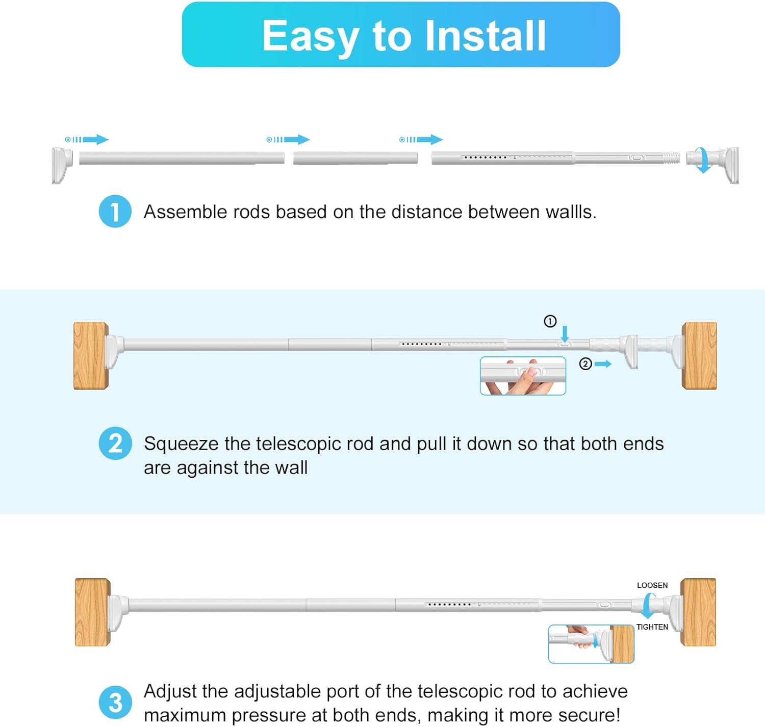 Closet Rods For Hanging Clothes,40-126 In(3-10ft) Extra Long Tension Rod For Closet,Adjustable Rod Without Drilling 33lb Heavy Duty Closet Rods Diameter 1.26in-One-Bond Stretching,White