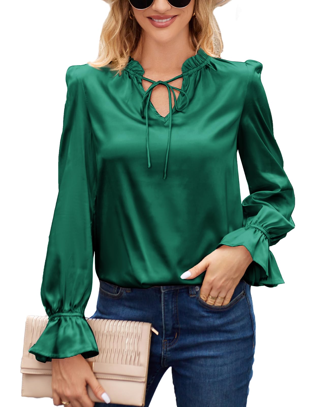 GRACE KARINSatin Tops for Women Ruffle Bell Long Sleeve V Neck Loose Office Work Blouse Shirts Silk Tops