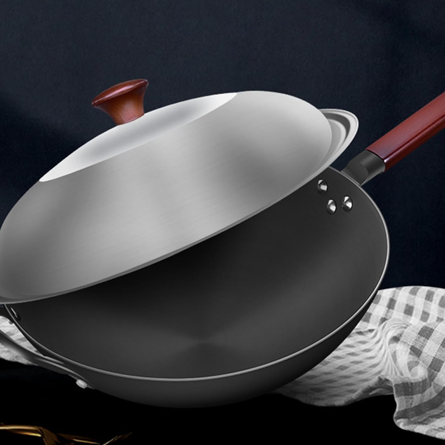 Carbon Steel Wok 32cm, Flat Bottom Wok Pan, Round Bottom Wok, No Chemical Coated Chinese Wok, for Gas Stove Or Cassette Furnace