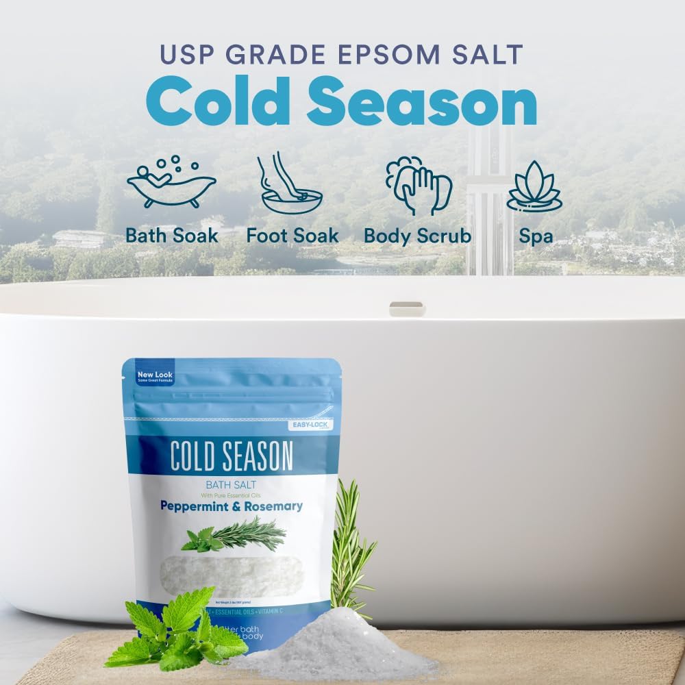 Cold Season Bath Salt 32 Ounces (2 Lbs) USP Grade Epsom Salt with Natural Rosemary and Peppermint Pure Essential Oils Plus Vitamin C in BPA Free Pouch with Easy Press Lock Seal Made in USA - Image 4