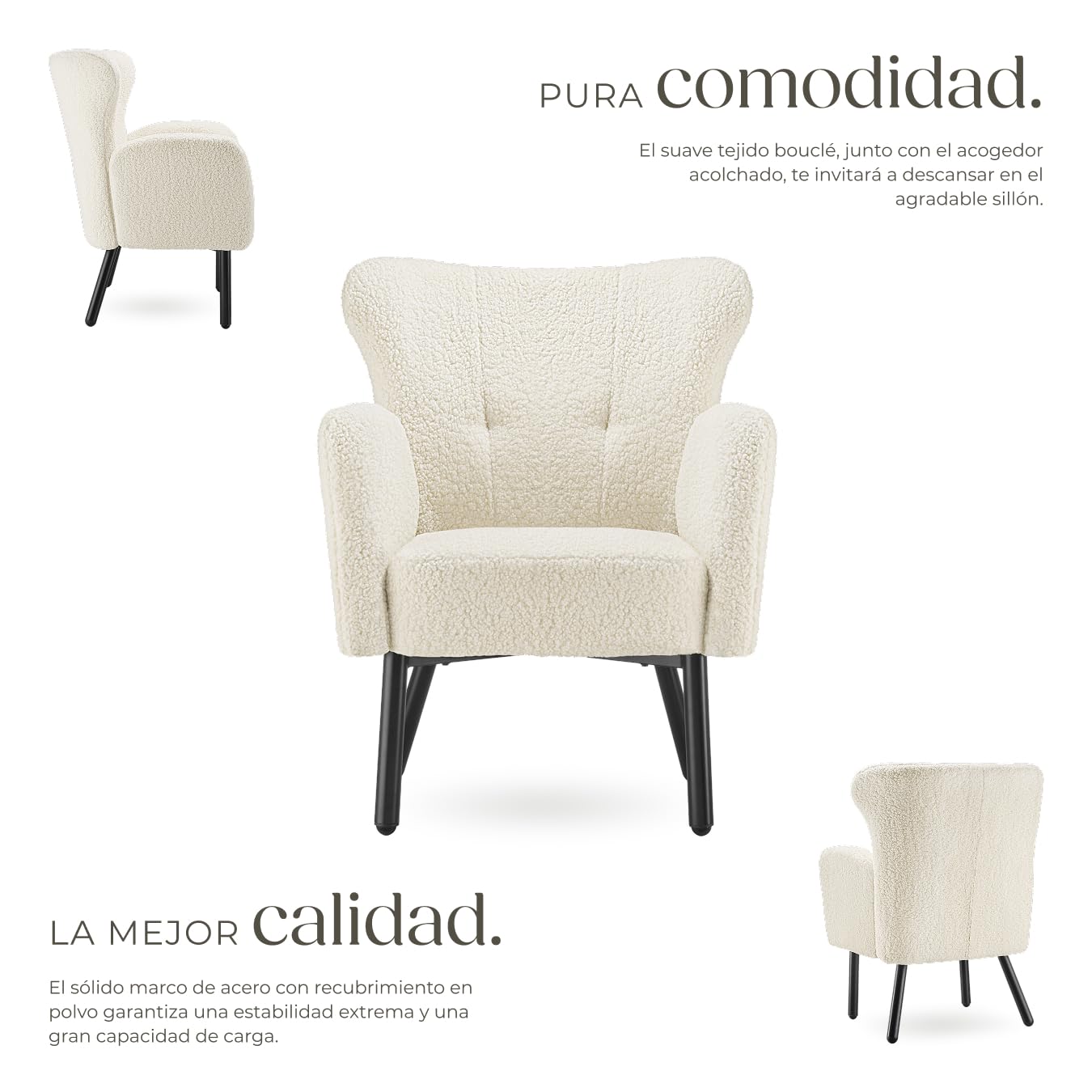 tectake® Sillón Orejero Tapizado en Bouclé, Butaca de Salón, Sillón de Lectura Acolchado, Silla Diseño Escandinavo con Reposabrazos, Estructura en Acero y Topes Antideslizantes, Muebles de Salón