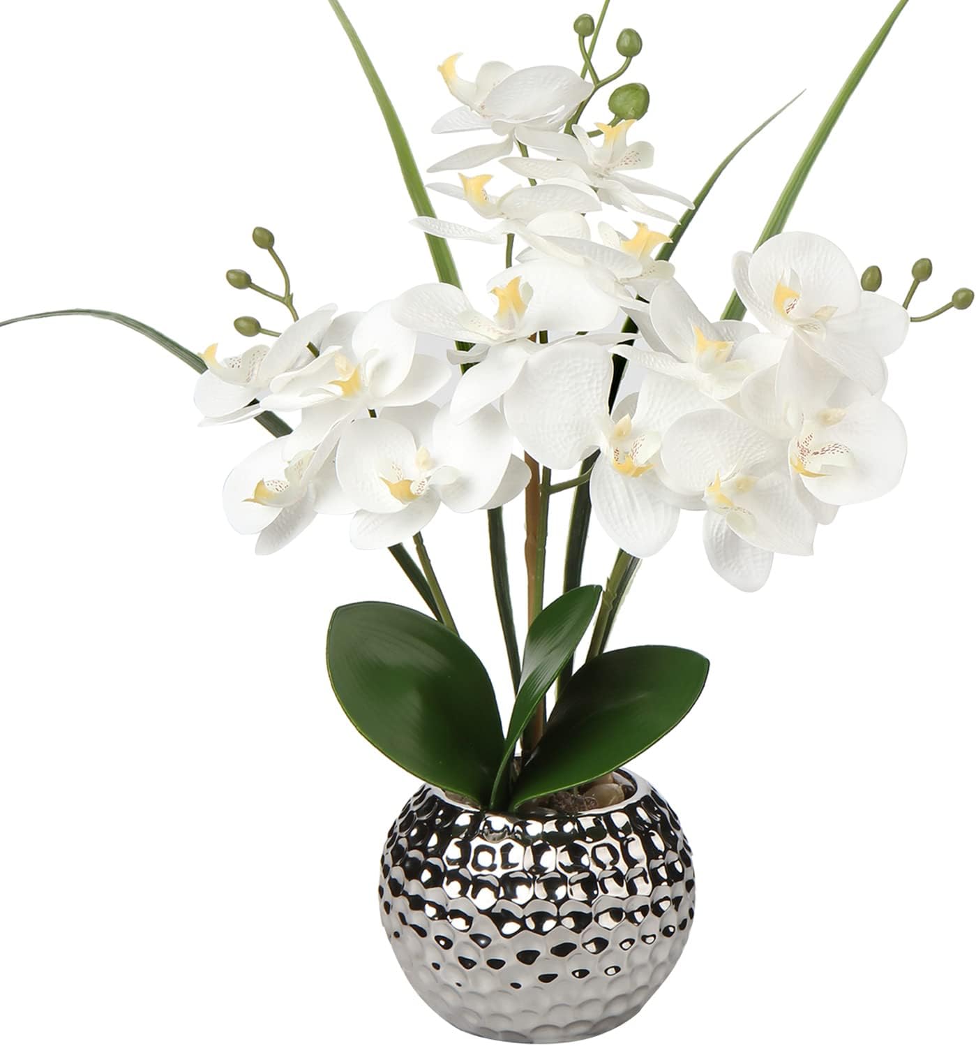 Briful Orchids Artificial Flowers, 20'' White Faux Orchid with Silver Vase Fake Phalaenopsis Flowers for Home Table Living Room Office Kitchen Decor