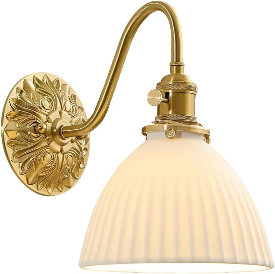 Vintage Gold Wall Sconce, Hardwired Bathroom Vanity Light with Ceramic Shade, Rustic Modern Sconce for Bedroom Bedside, Living Room Lighting Fixture​