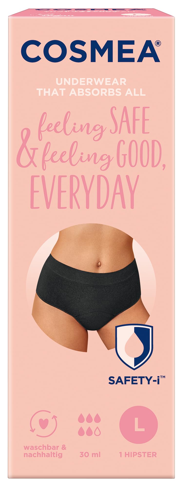 COSMEA Hipster Unterwäsche, Größe L, wiederverwendbare Periodenunterwäsche, sicherer Schutz bei Menstruation