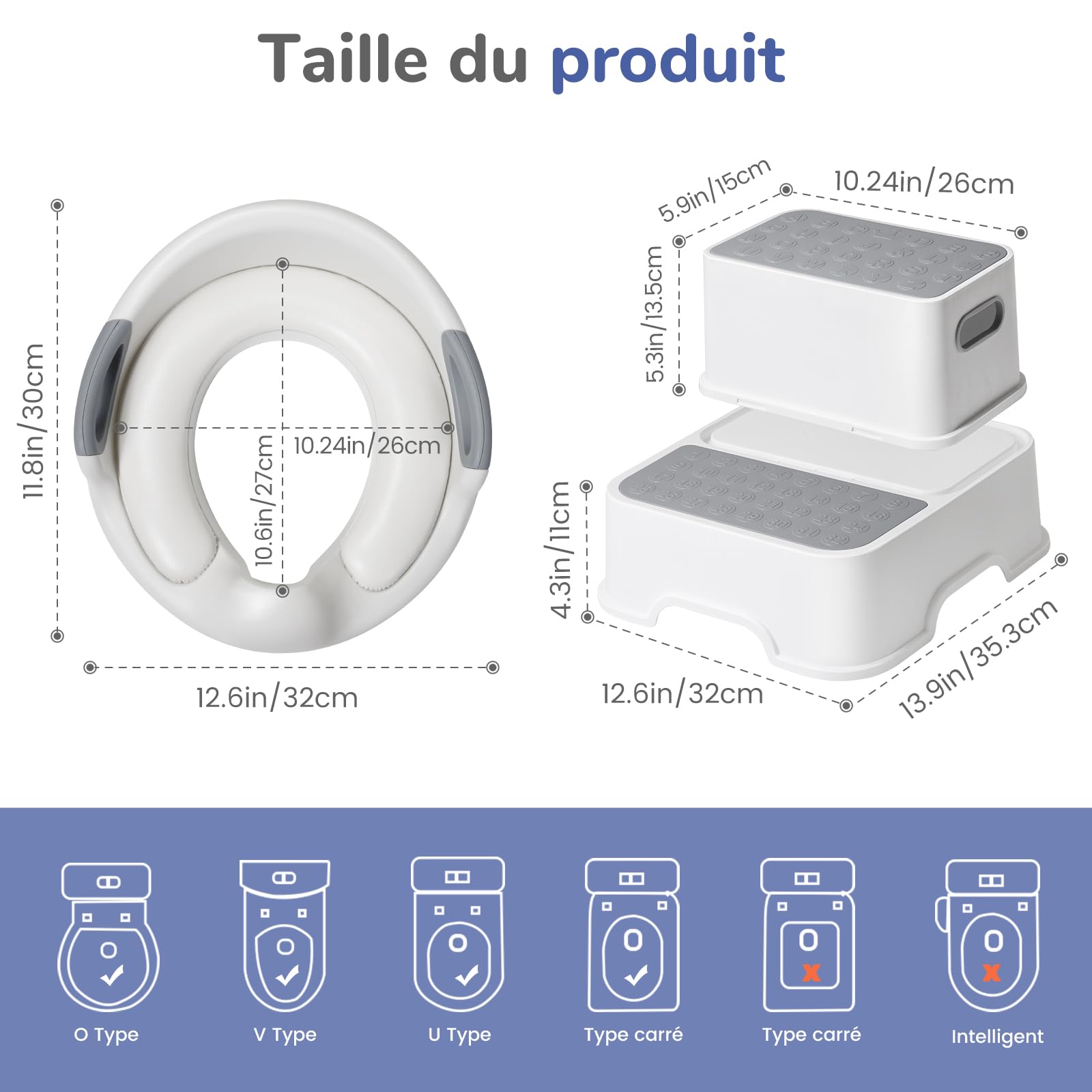 DEANIC Reducteur Toilette Enfant, Rehausseur avec 2 Marches, Réducteur WC Bébé adapté aux Enfants de 1 à 6 Ans, avec 2 Coussins et 1 Brosse (Gris)