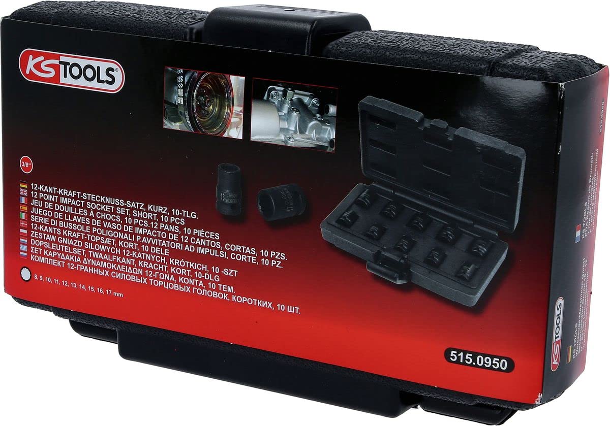KS Tools 515.0950 Serie di Bussole Poligonali per Avvitatori ad Impulsi, Corte, 10 Pezzi8-17 mm, 3/8"