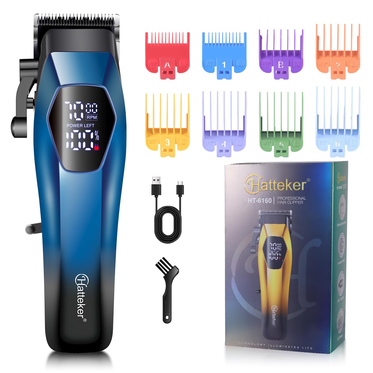 HATTEKER HT-6160 Professional Hair Clipper, 7000 RPM High-Speed Motor, 2000mAh Rechargeable Battery, LED Display, USB Type-C Charging, 150 Minutes Runtime BLUE-picture-13