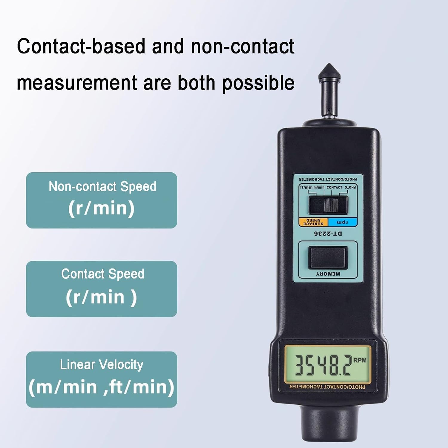 Tacómetro Digital 2 en 1, comprobador portátil de RPM con Contacto y fotográfico (2,5-99 999 RPM), con 4 sondas, Pantalla LCD, para Motores y Ventiladores.