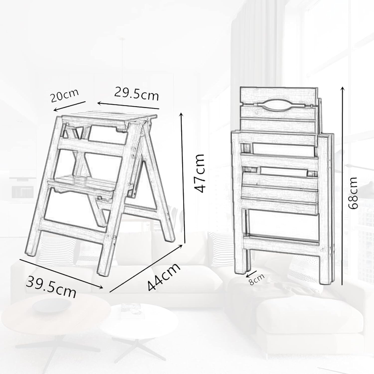 2 Step Ladder Heavy Duty Wood, Folding Step Stool, Kitchen Step Fold Away with Anti-Slip Wide Pedal, Non Slip Large Steps Ladder, Holds Up to 150 kg