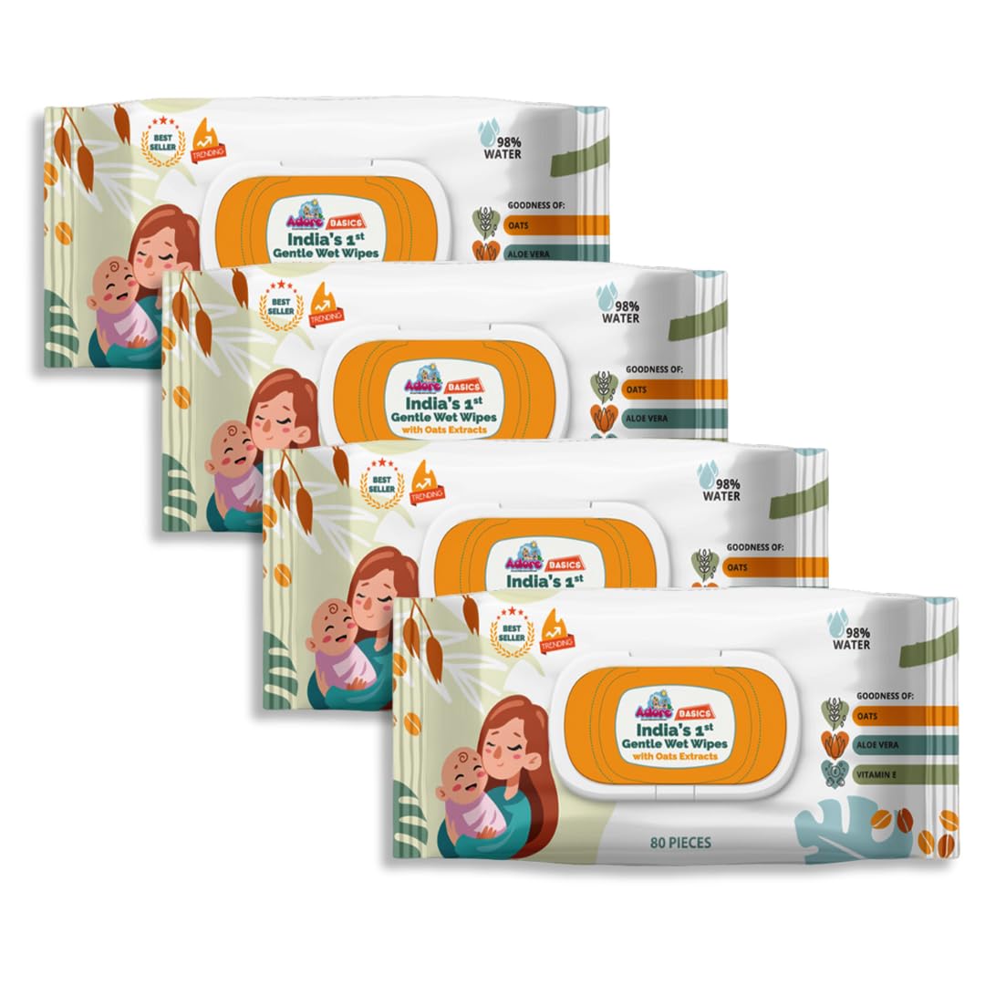 Adore Baby Water Wipes With Lid - 98% Paani Based Baby Wipes with Oat Extracts & Goodness of Aloe Vera & Vitamin E - 80 Count,Oats Wipes With Lid,Pack of 4-image-33