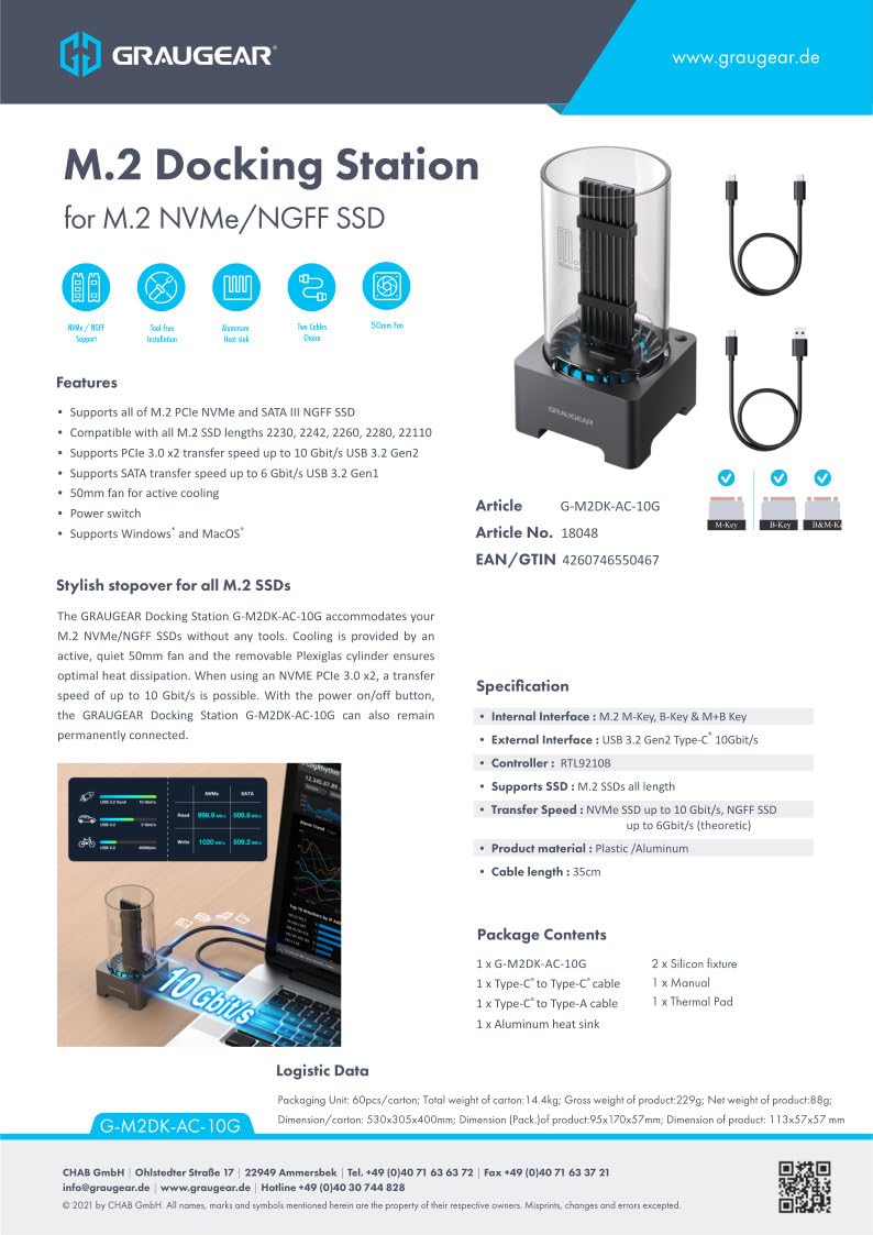 GRAUGEAR Estación Acoplamiento SSD M.2, USB 3.2 Gen2 10Gbps, Ventilador 50mm, RTL9201B Compatible NVMe y NGFF, Incluye Cables USB-C y A-C