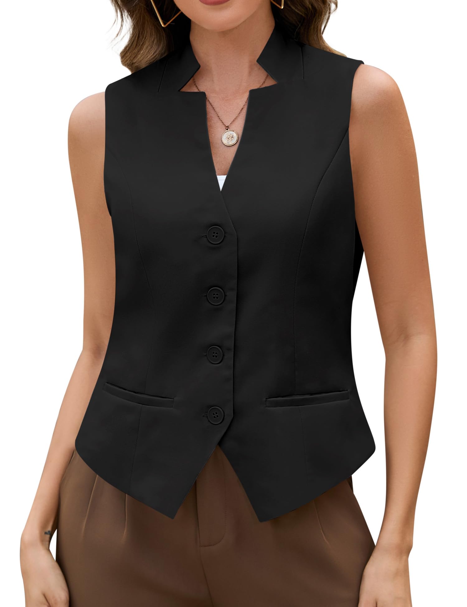 Genhoo Womens Suit Vest Tops Cropped Trendy Waistcoat Sleeveless Button Down Blazer Vest Fully Lined Going Out Tops
