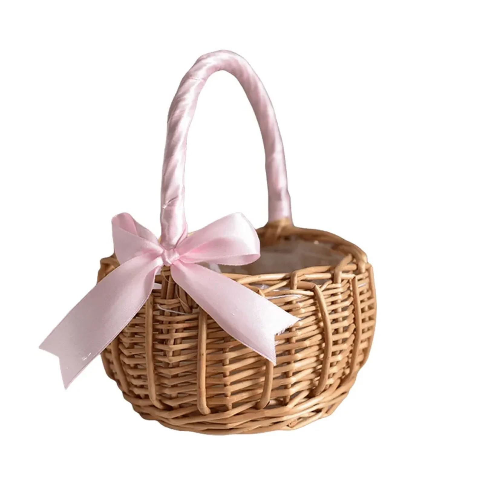 Wicker Rattan Flower Basket With Handle Candy Storage Woven For Wedding Party Decor Spring Outing(Pink)