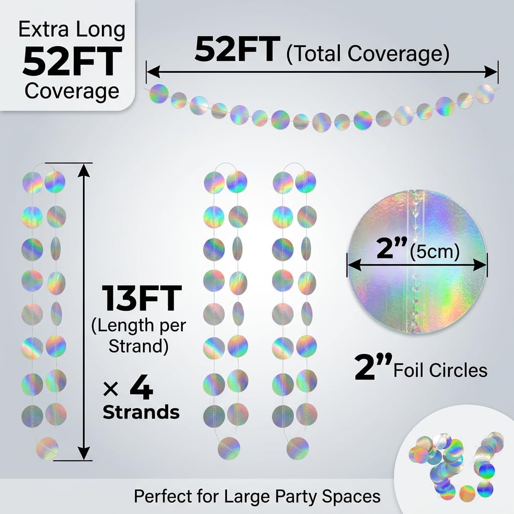 Iridescent Party Decorations 52FT Holographic Circle Garland, Disco Hanging Streamers Foil Dot Banner for Birthday, Bachelorette, Graduation, New Year, Euphoria, Bridal Shower Party Supplies