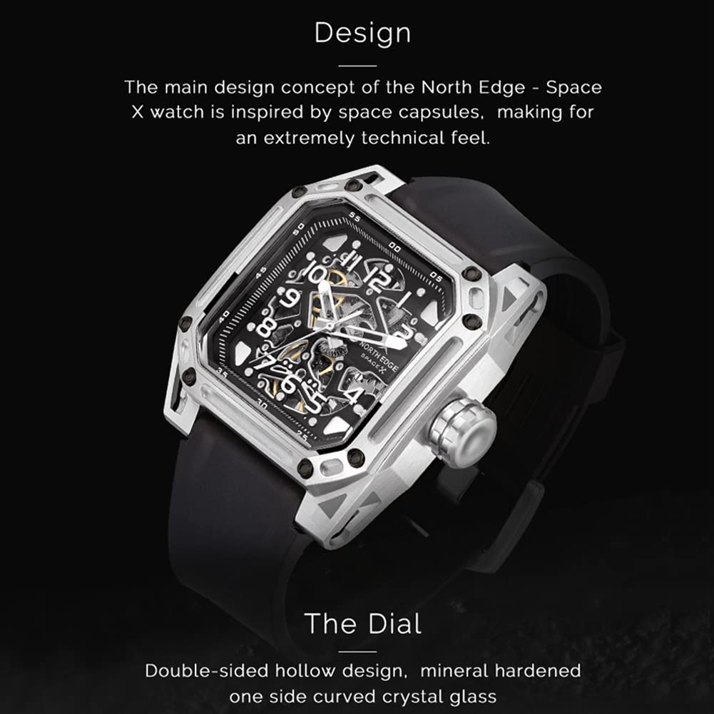Reloj Transparente mecánico para Hombres Reloj mecánico automático analógico 100m Reloj Hueco de Lujo de Acero Inoxidable Transparente Impermeable y autoenredado de Lujo