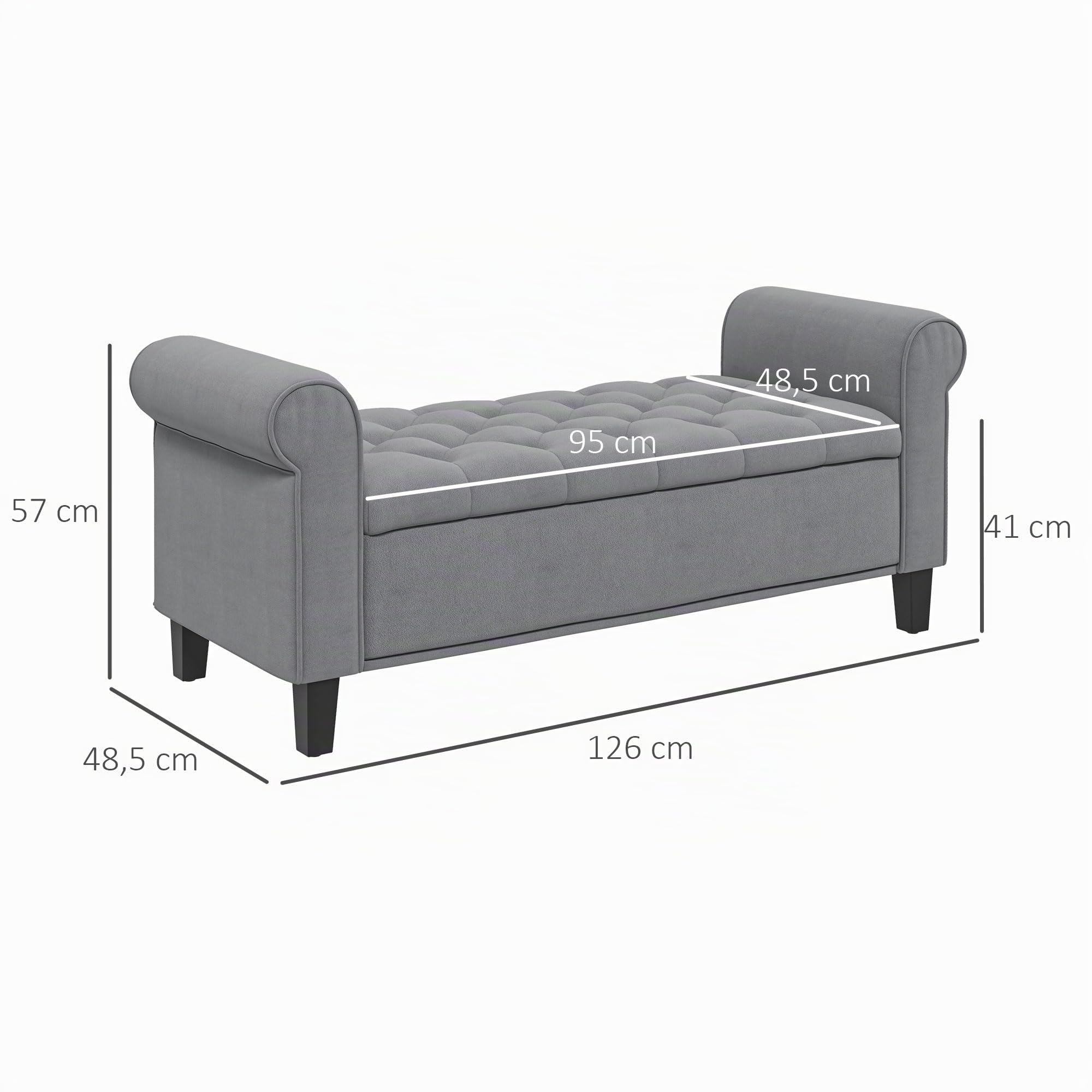 Panca Fondo Letto in Tessuto Vellutato con Spazio Portaoggetti e Braccioli 126x48.5x57 cm, Grigio