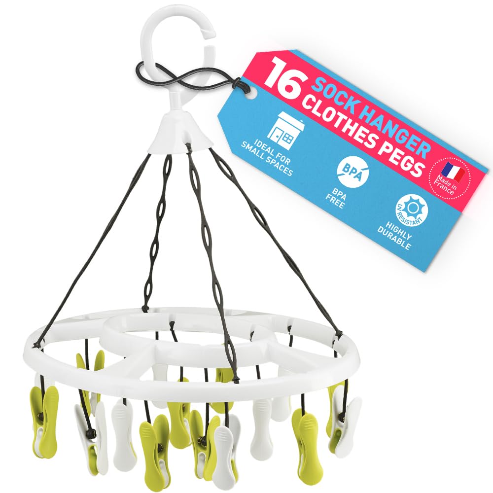 Culiclean White-Green-White-White-Green Sock Hangers For Drying – Washing Line Sock Hanger With 16 Pegs – Sock Dryer With Pegs For Laundry And Underwear – 1 Hanger –