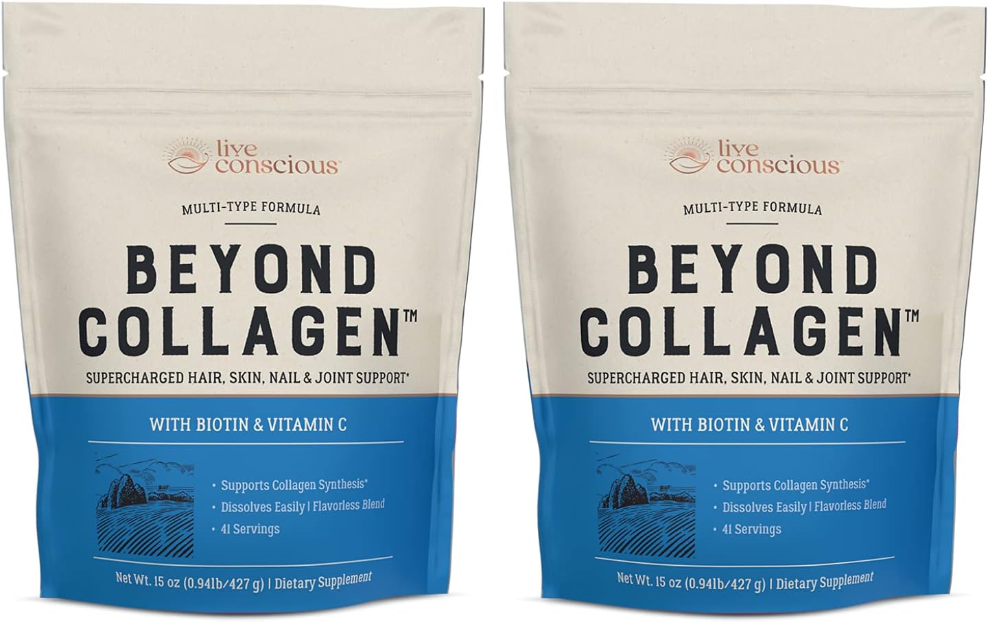 Live Conscious Beyond Collagen Multi Collagen Powder w/Types I, II, III, V & X - Keto Friendly, Hydrolyzed Collagen Peptides Powder Blend w/Biotin & Vitamin C (2-Pack)